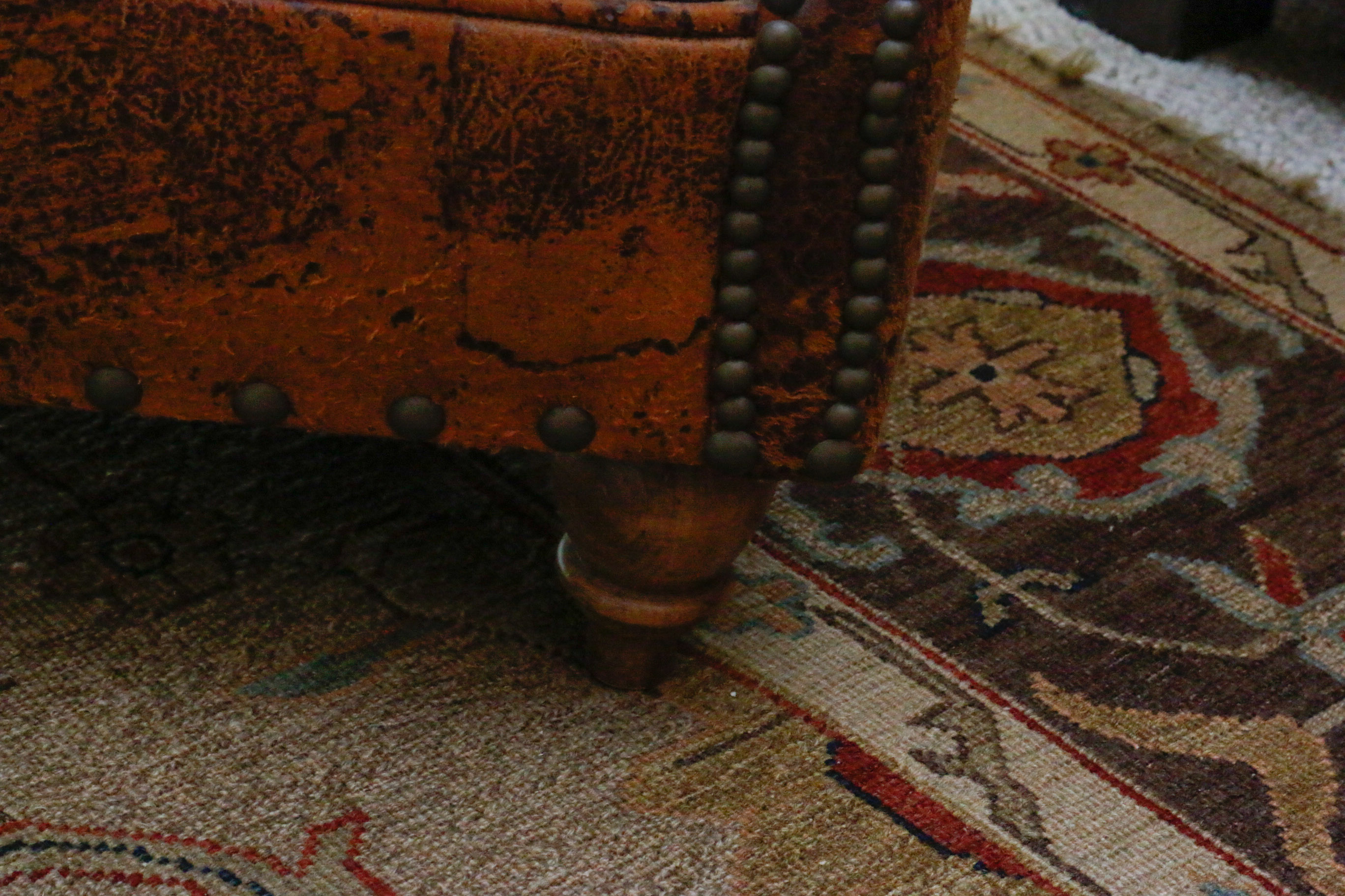 "Millman Bark" Distressed Leather Chair with Southwest Tapestry Upholstery
