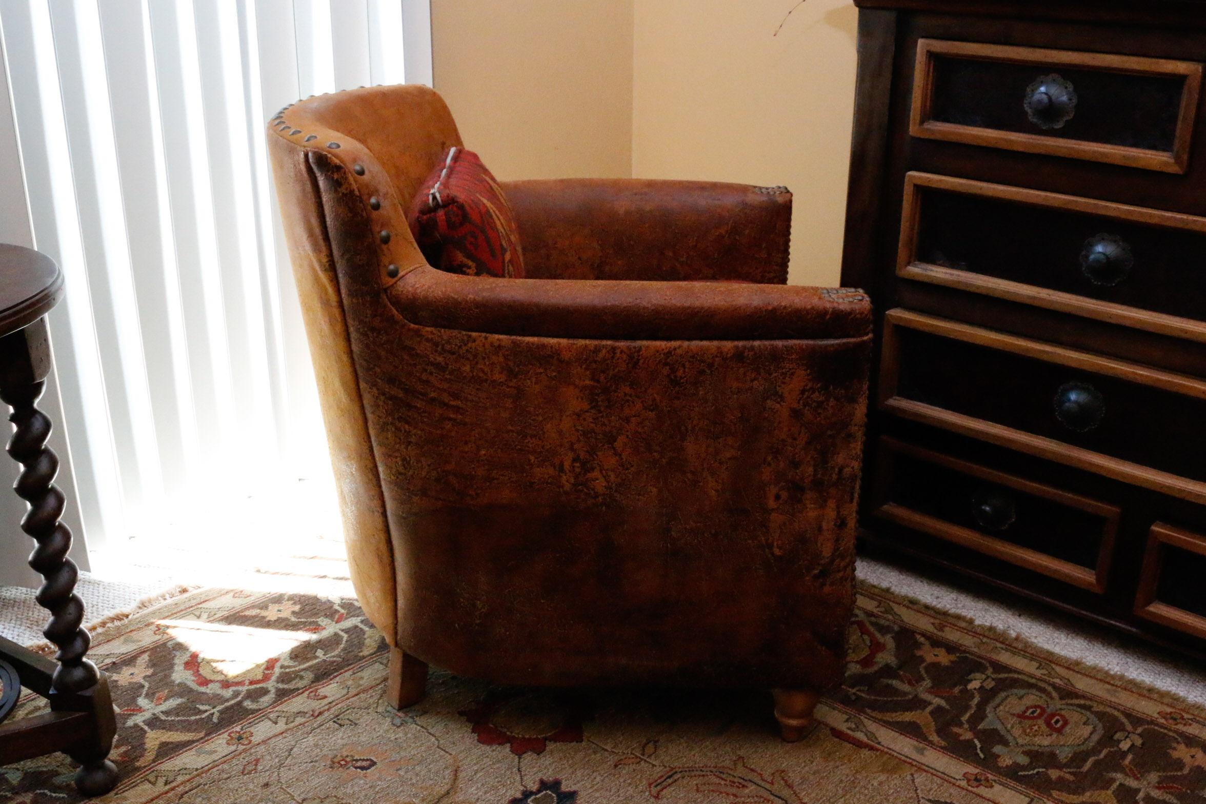 "Millman Bark" Distressed Leather Chair with Southwest Tapestry Upholstery