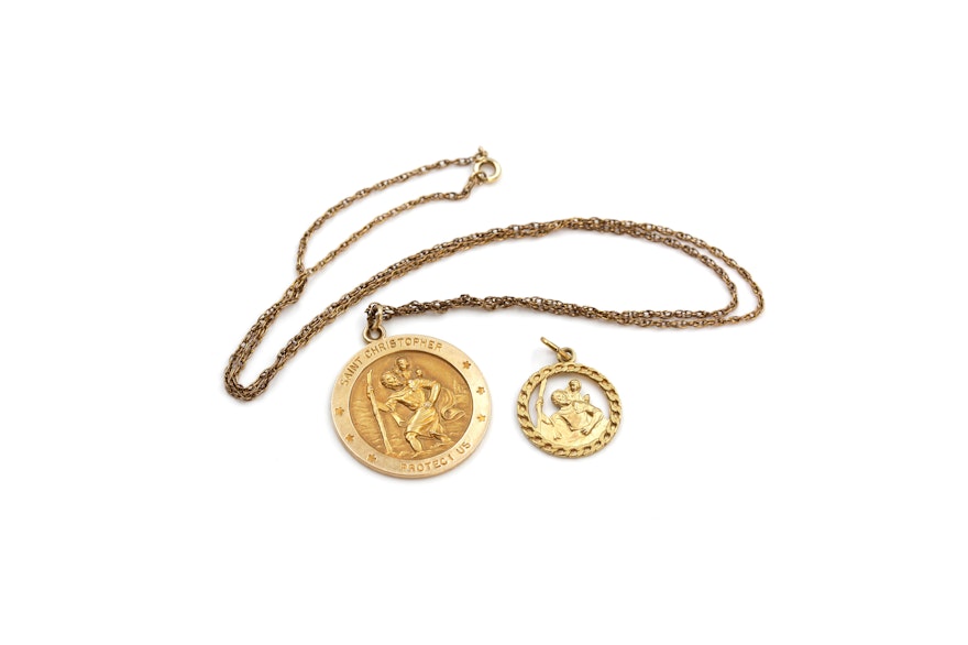 14K Yellow Gold St. Christopher Pendant Necklace and 8K Yellow Gold Pendant