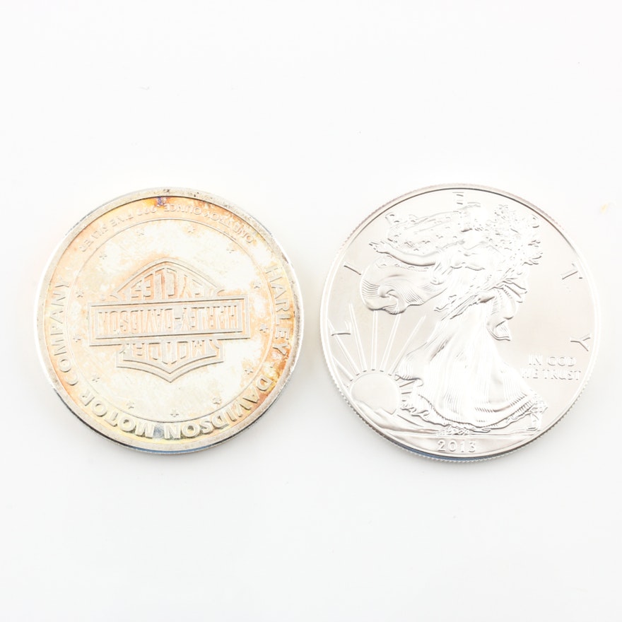 2013 Walking Liberty Silver Eagle and a Harley Davidson Silver Round