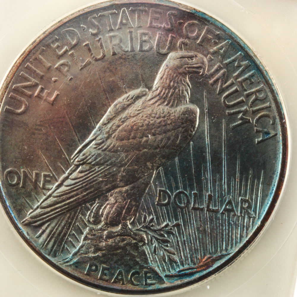 Encapsulated 1921 Peace Silver Dollar with Rainbow Toning