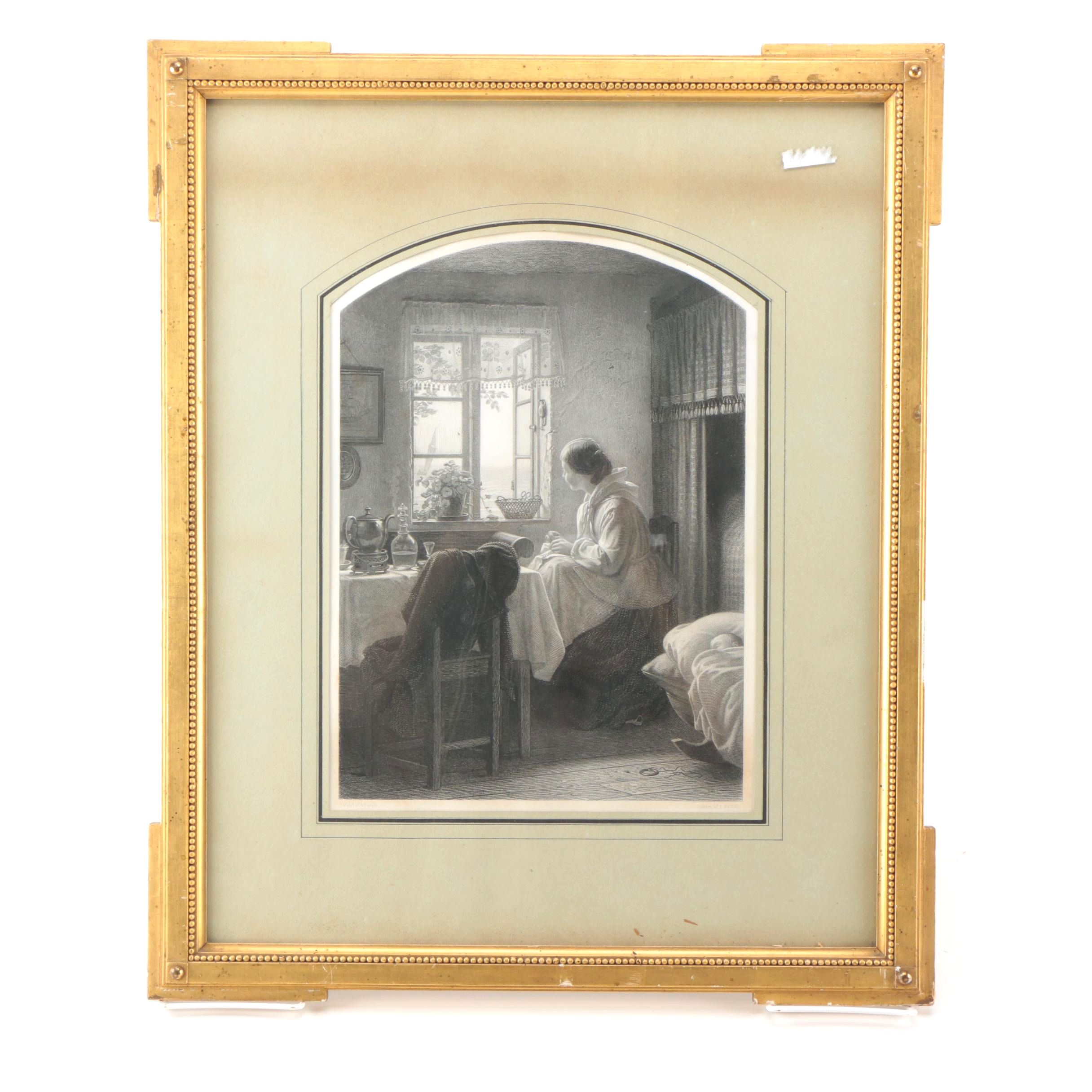 I. Ballin Engraving After Anton Dorph's "A Young Fisherwoman Waiting for Her Husband's Return From the Sea"