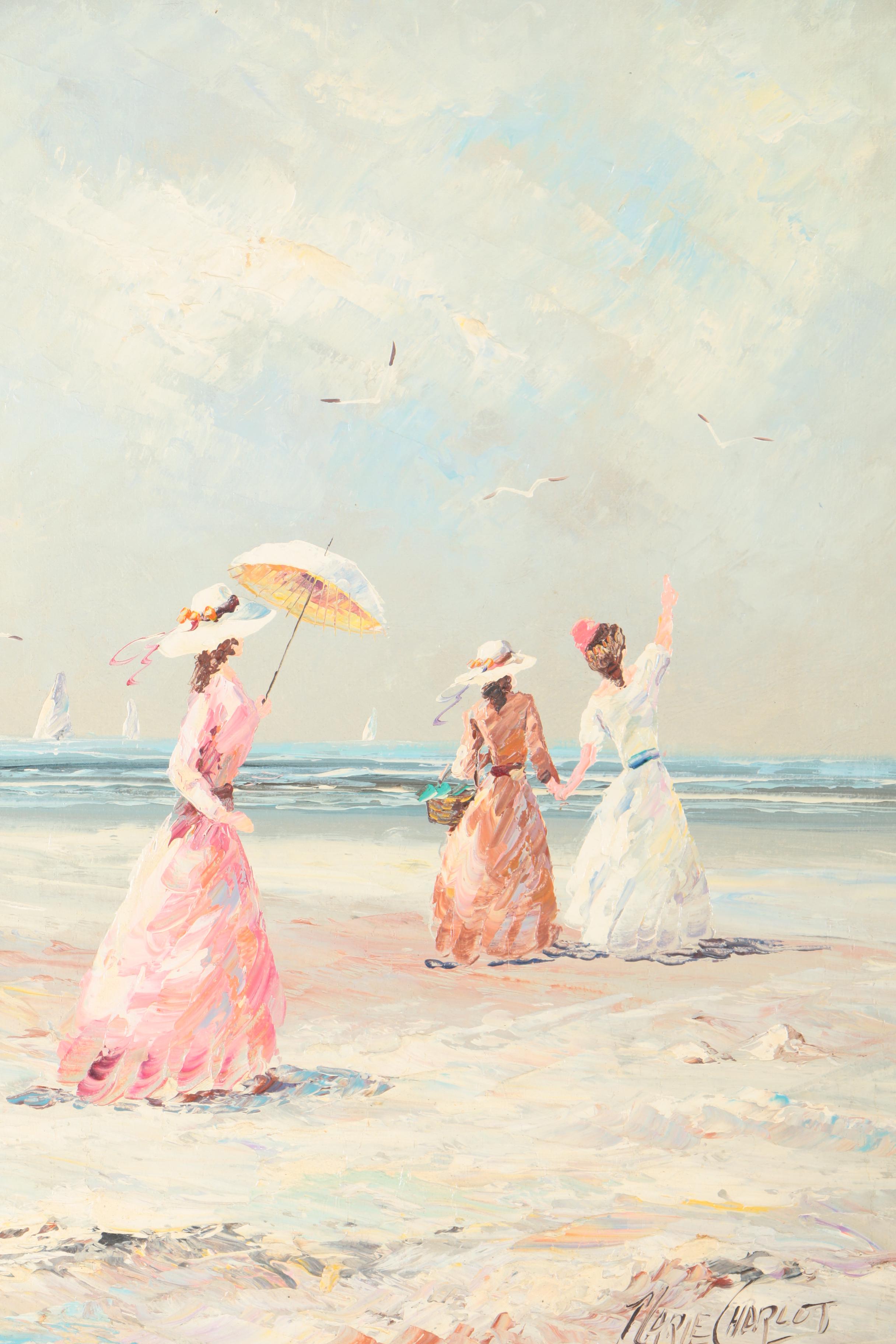 Marie Charlot Oil on Canvas Victorian Ladies at the Beach