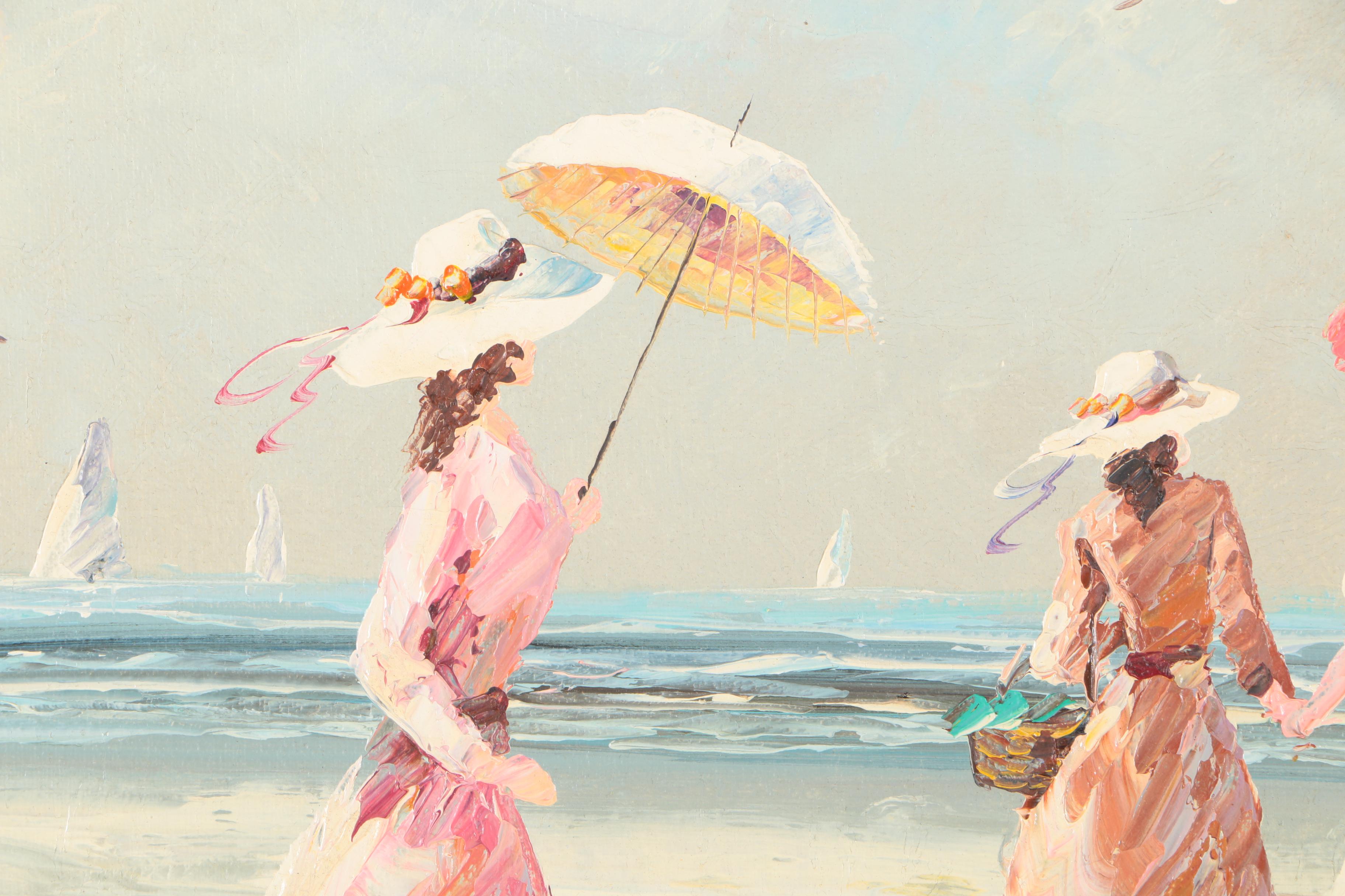 Marie Charlot Oil on Canvas Victorian Ladies at the Beach