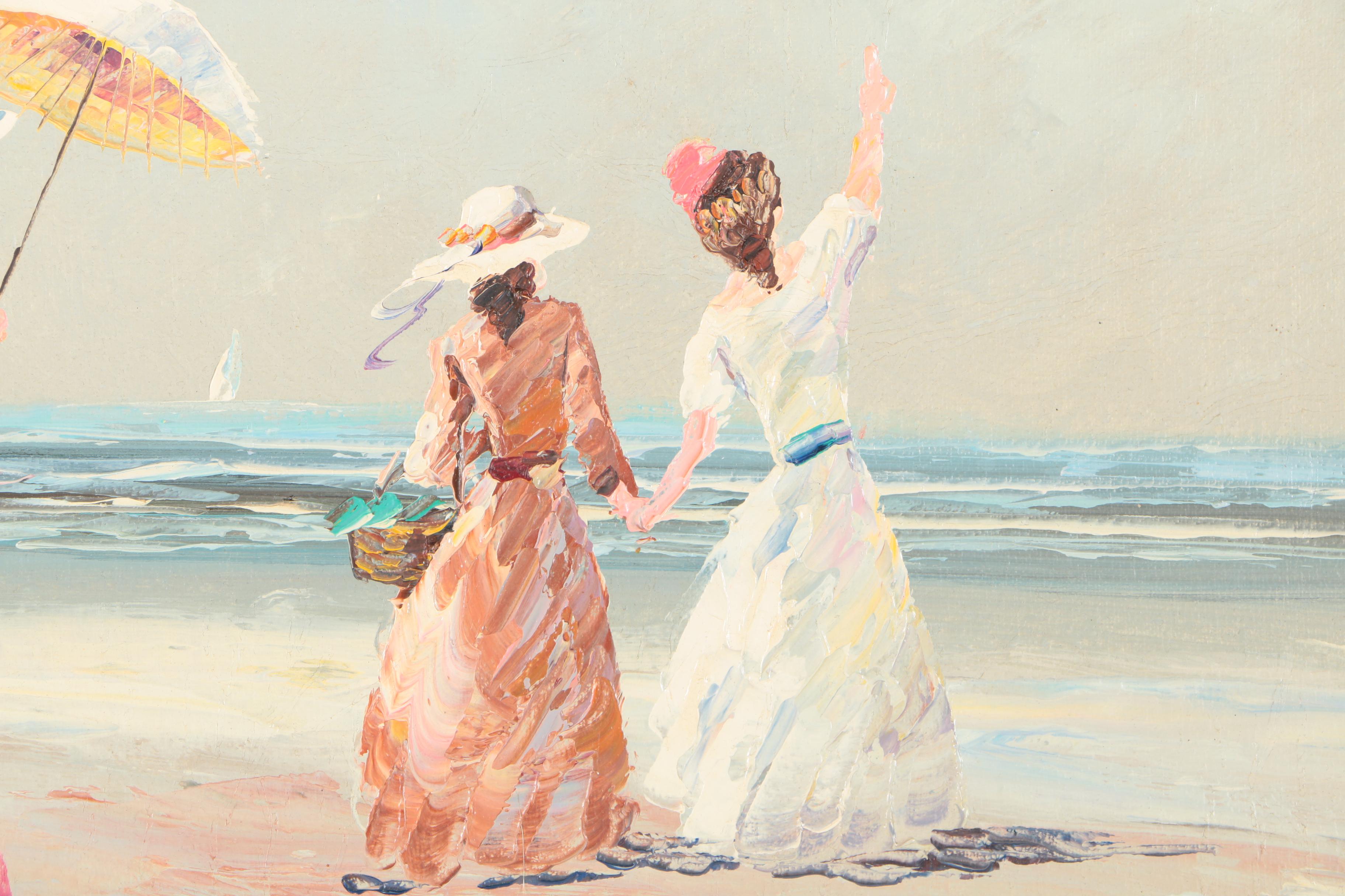Marie Charlot Oil on Canvas Victorian Ladies at the Beach