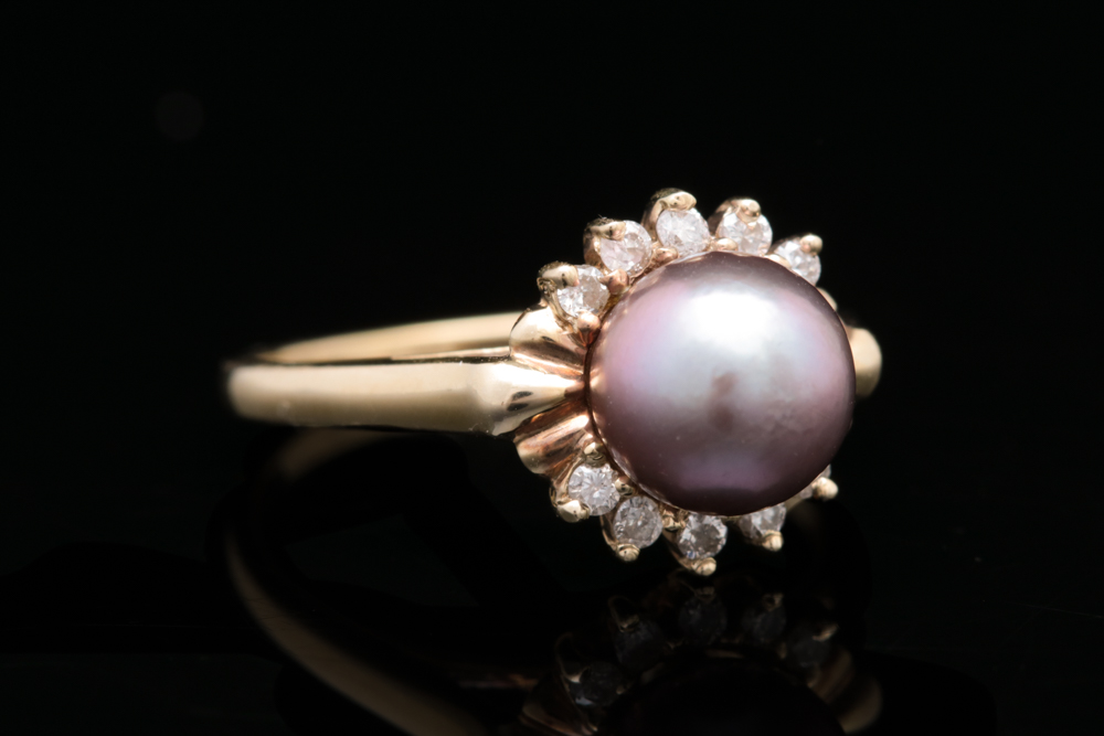 14K Yellow Gold, Cultured Pearl and Diamond Ring
