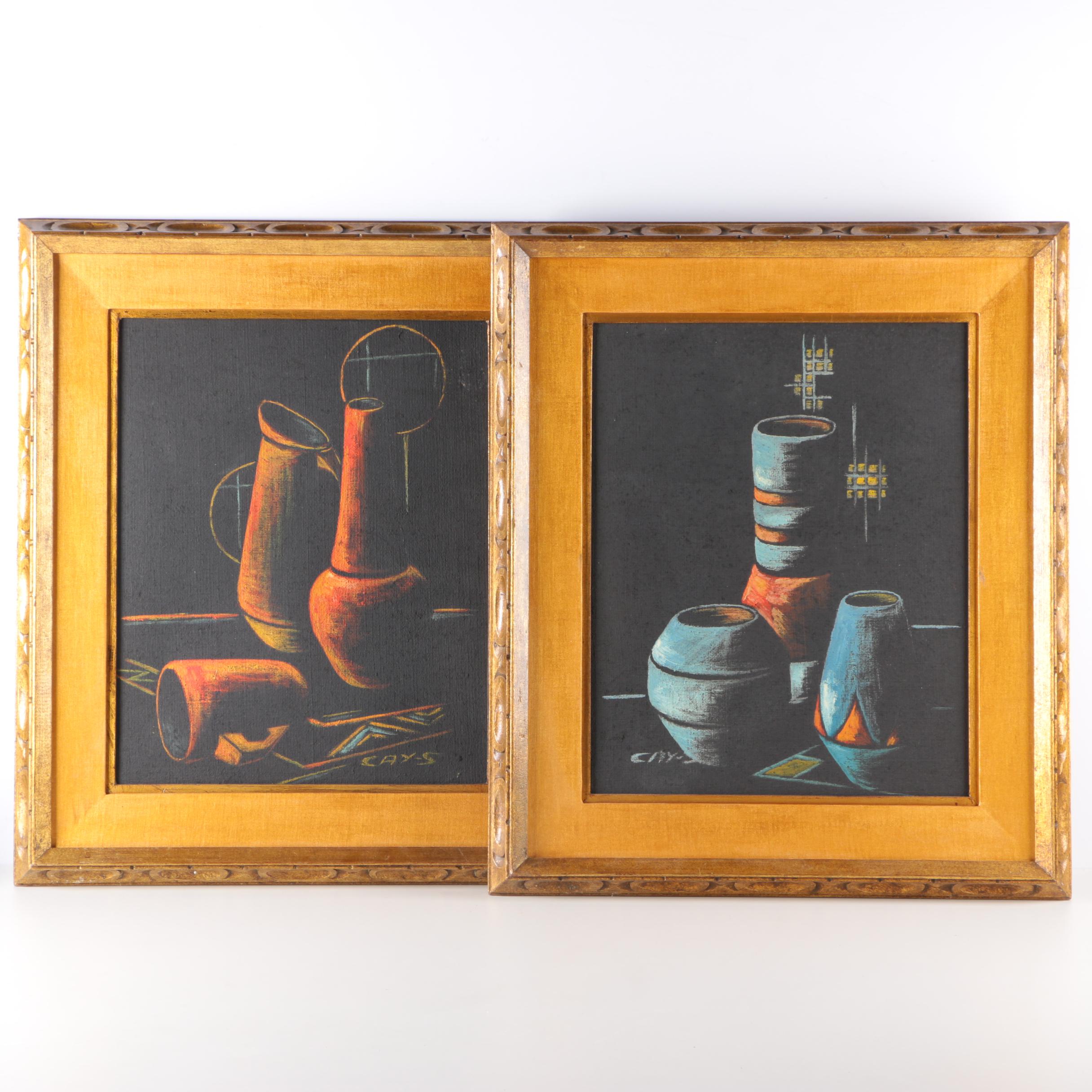 Cay-Skot Oil Paintings on Burlap of Vessel Still Life