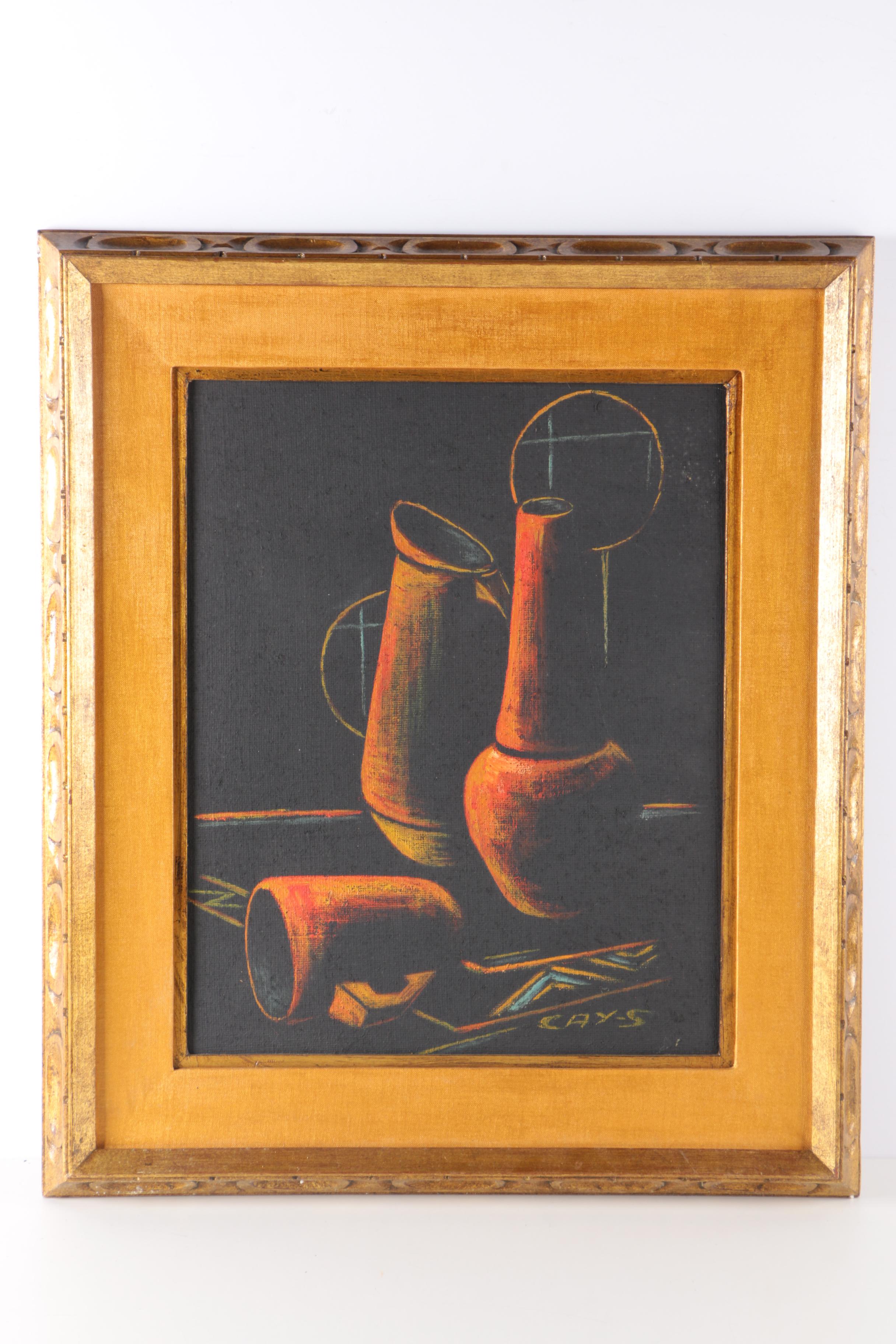 Cay-Skot Oil Paintings on Burlap of Vessel Still Life