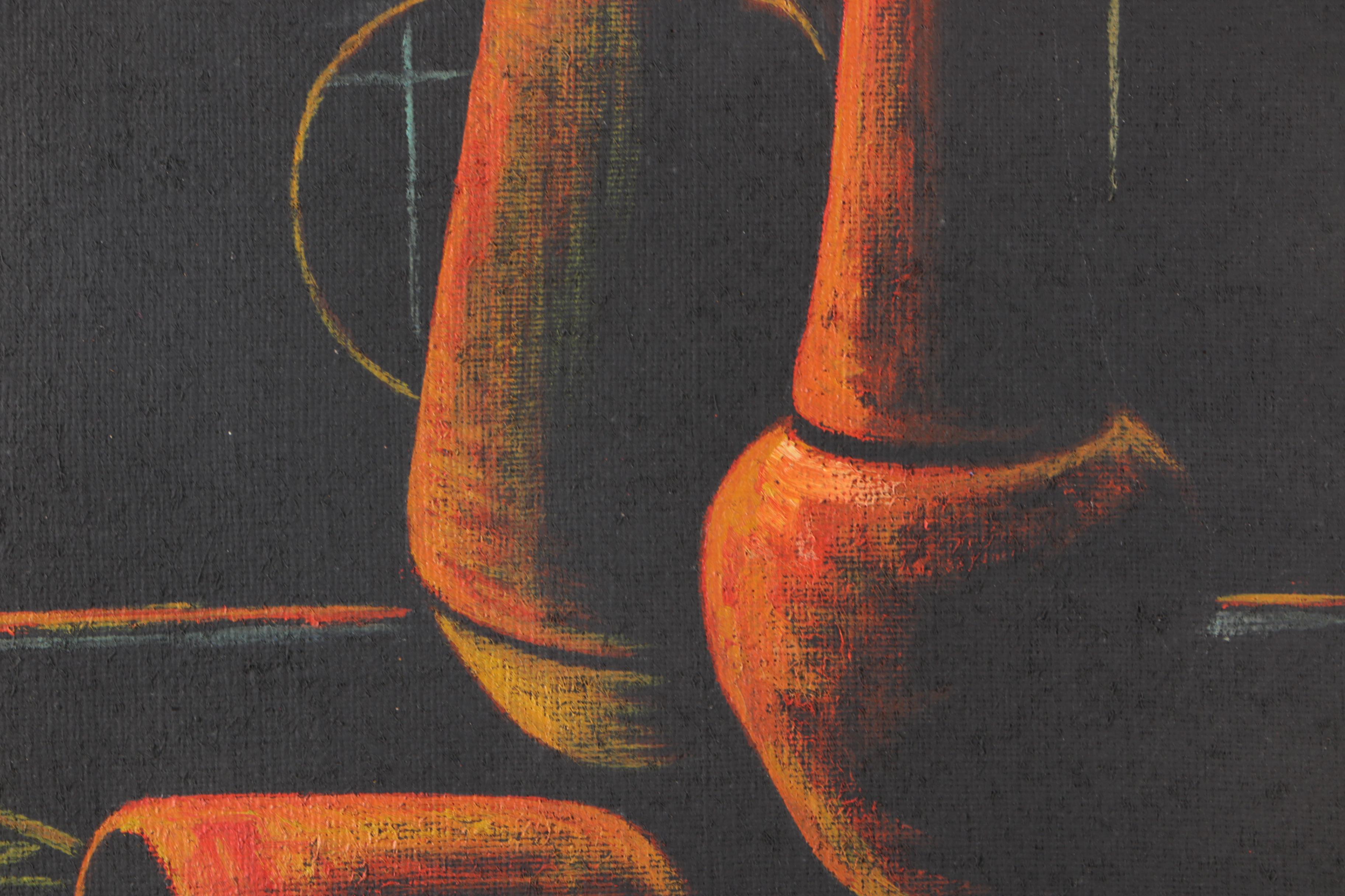 Cay-Skot Oil Paintings on Burlap of Vessel Still Life