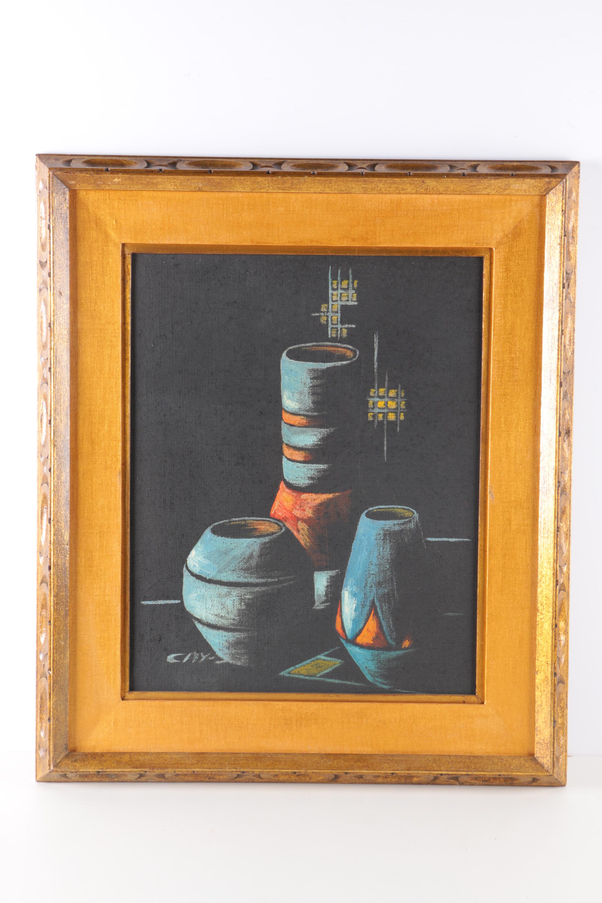 Cay-Skot Oil Paintings on Burlap of Vessel Still Life