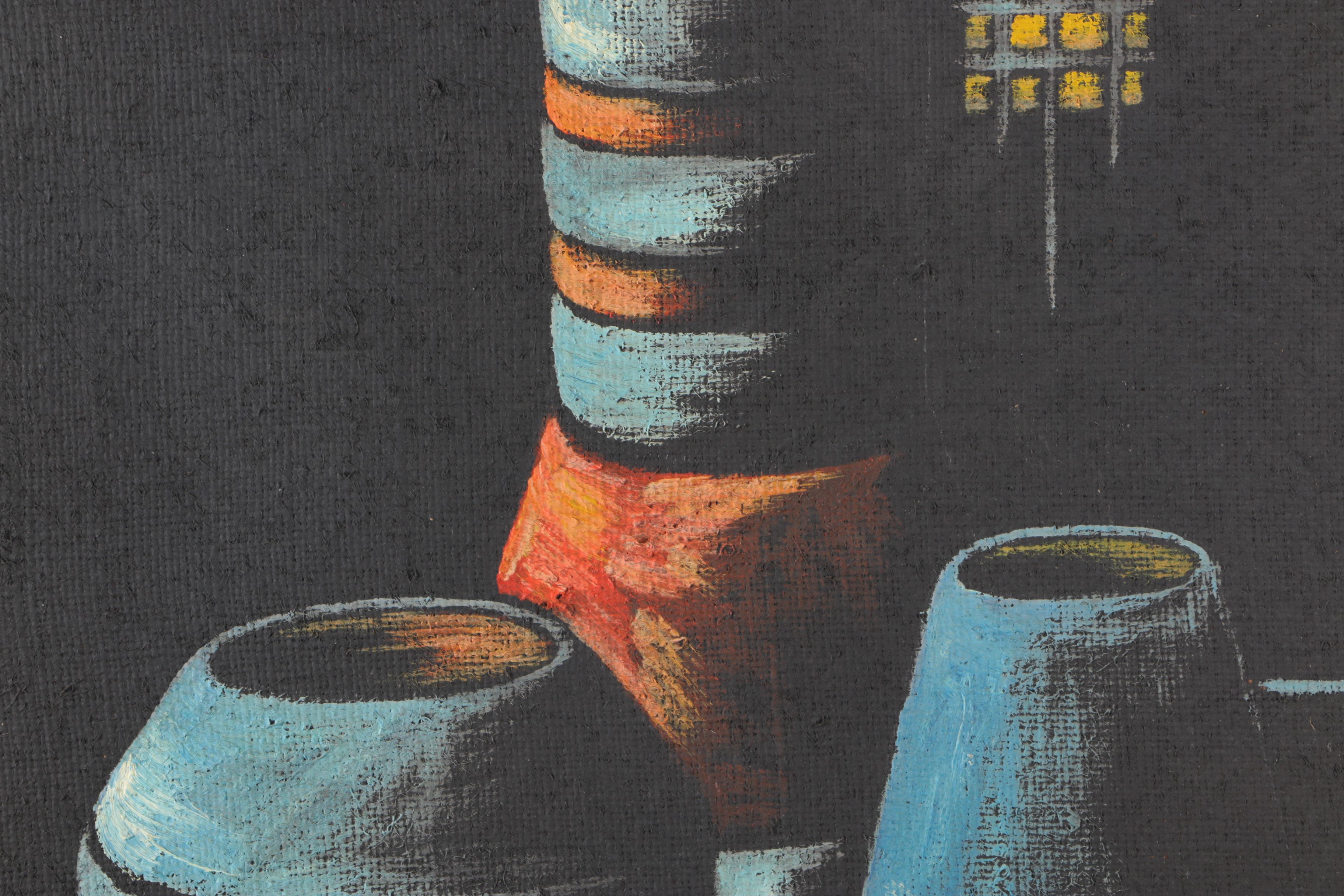Cay-Skot Oil Paintings on Burlap of Vessel Still Life