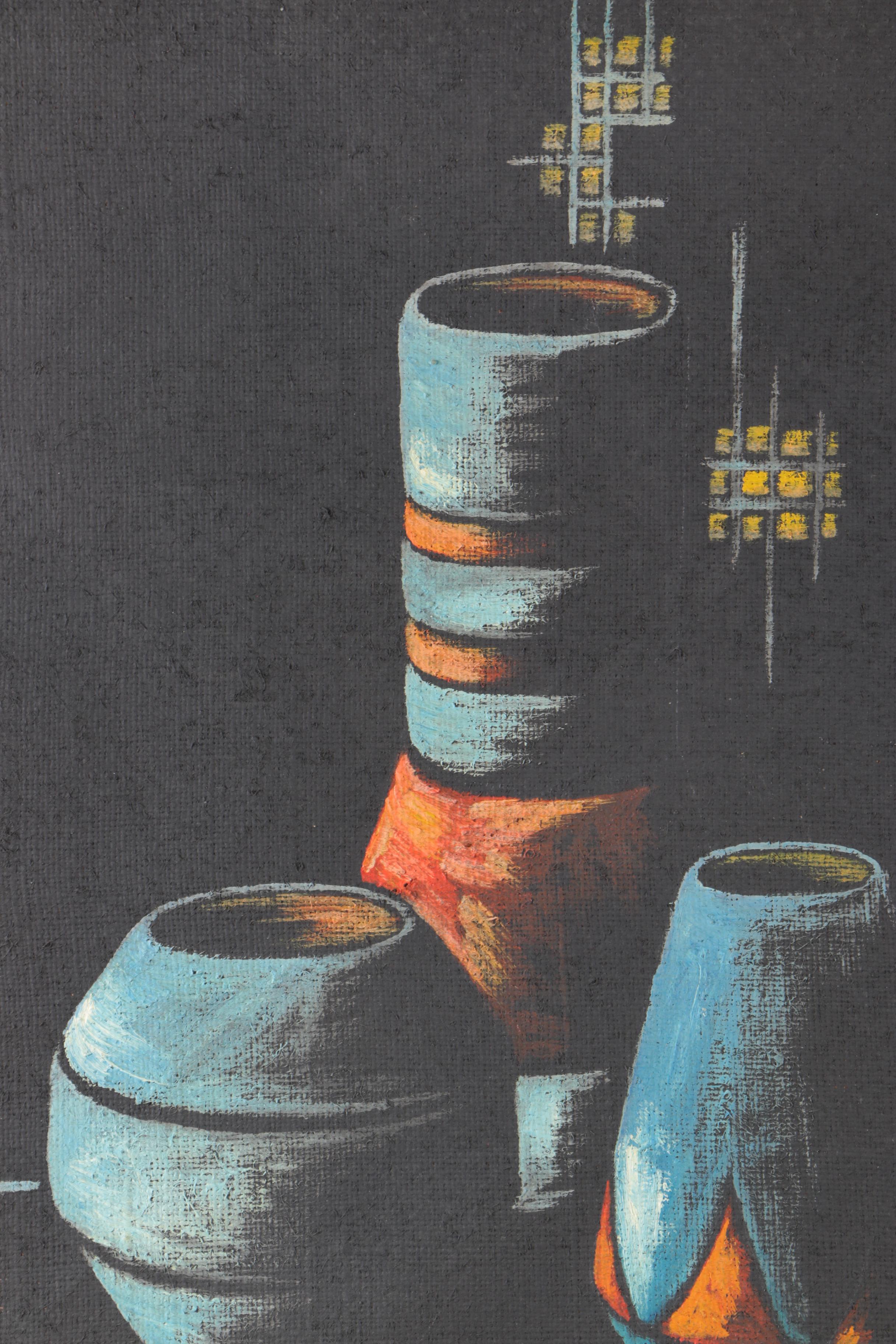 Cay-Skot Oil Paintings on Burlap of Vessel Still Life