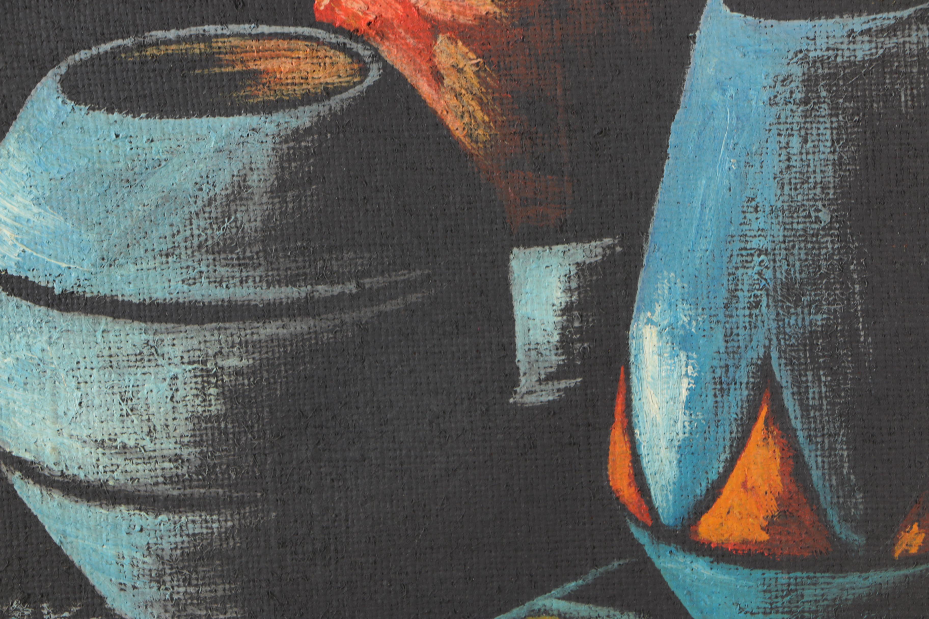 Cay-Skot Oil Paintings on Burlap of Vessel Still Life