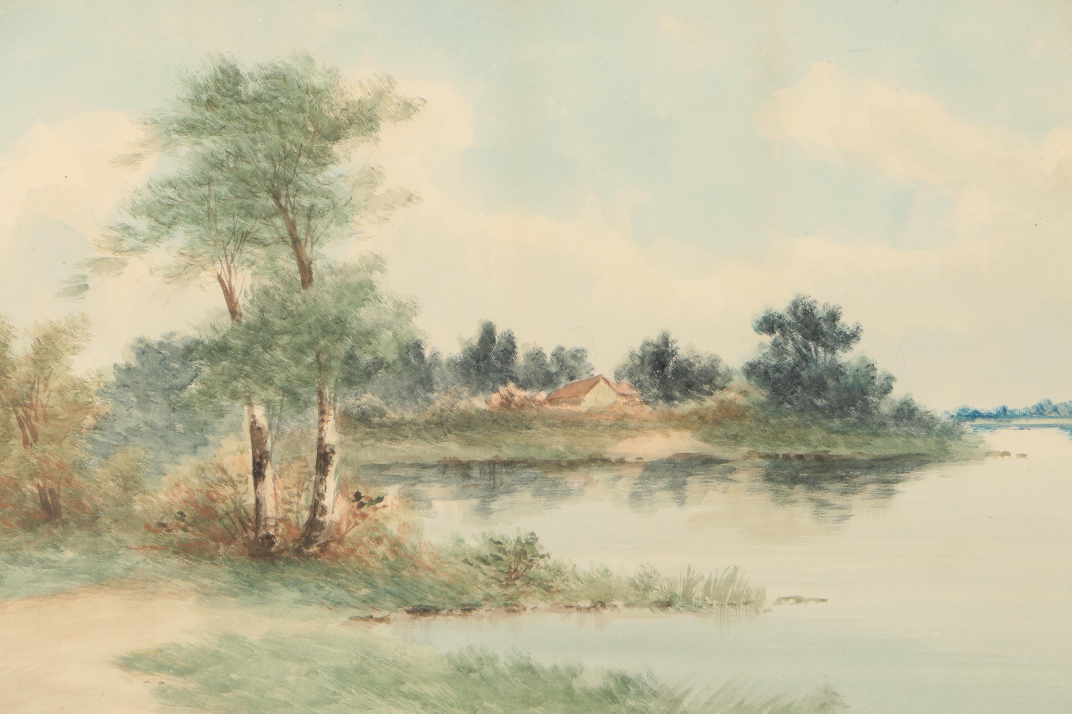 R. Kenyon 1890s Watercolor on Paper of Waterfront Landscape Scene