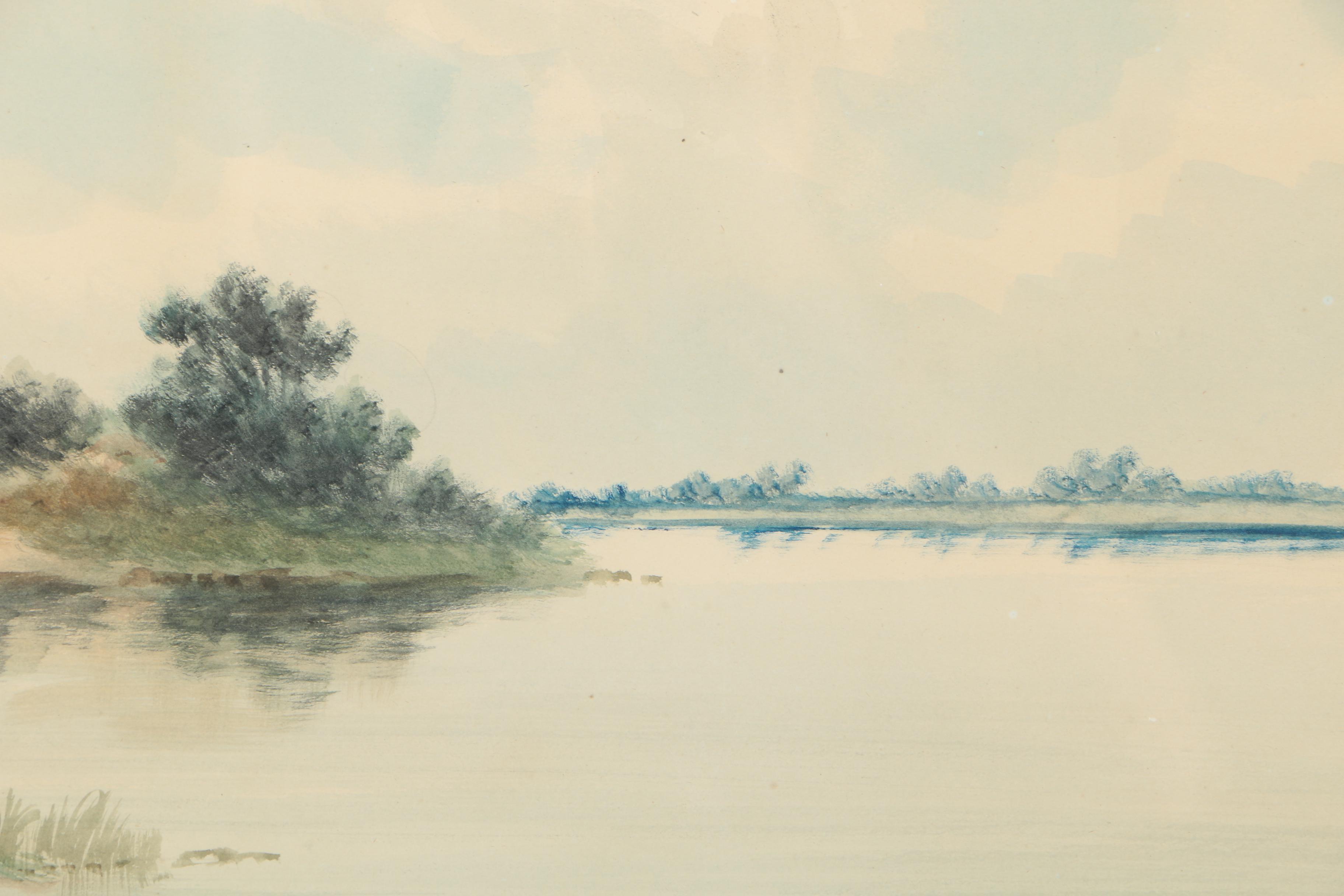 R. Kenyon 1890s Watercolor on Paper of Waterfront Landscape Scene