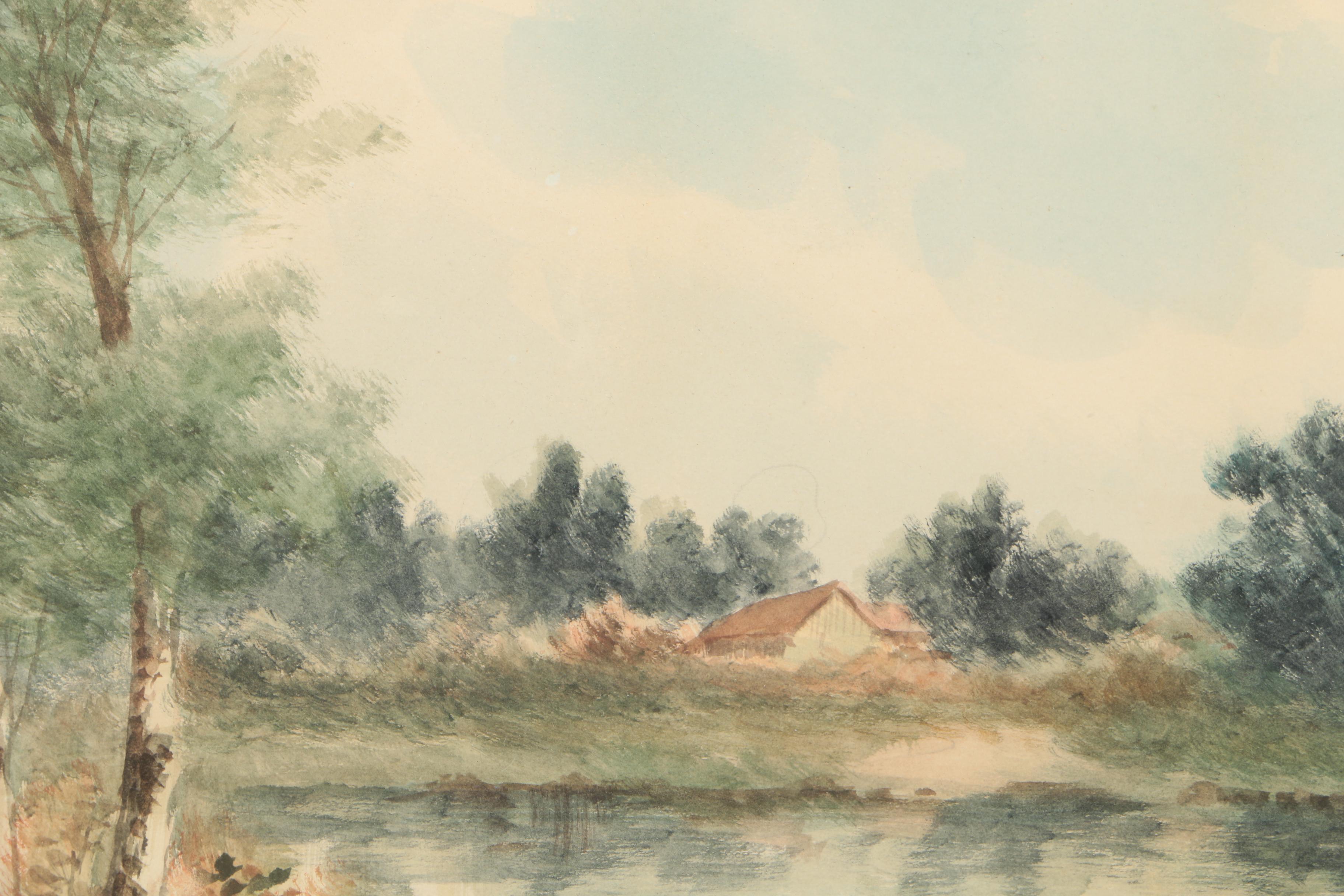 R. Kenyon 1890s Watercolor on Paper of Waterfront Landscape Scene