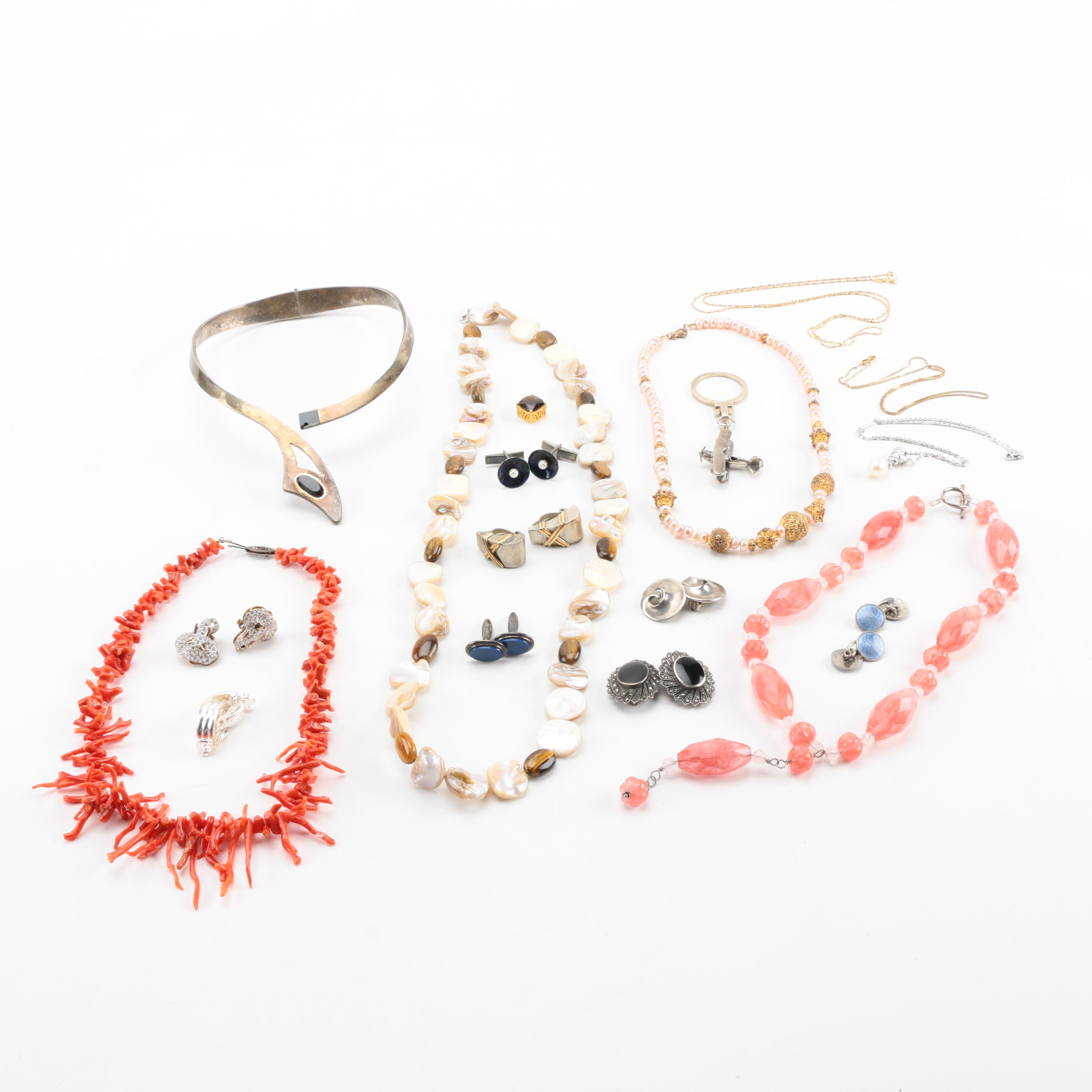 Sterling Silver Jewelry Including a Coral Necklace