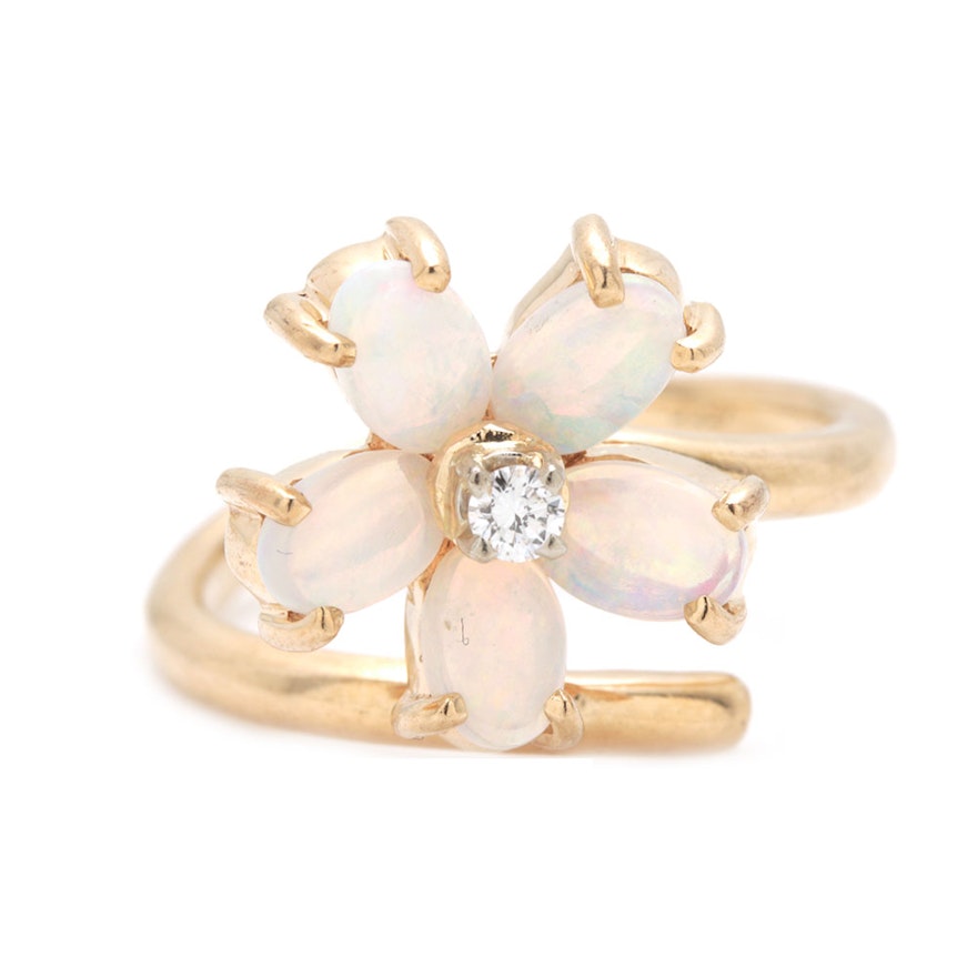 14K Yellow Gold Diamond and Opal Flower Ring