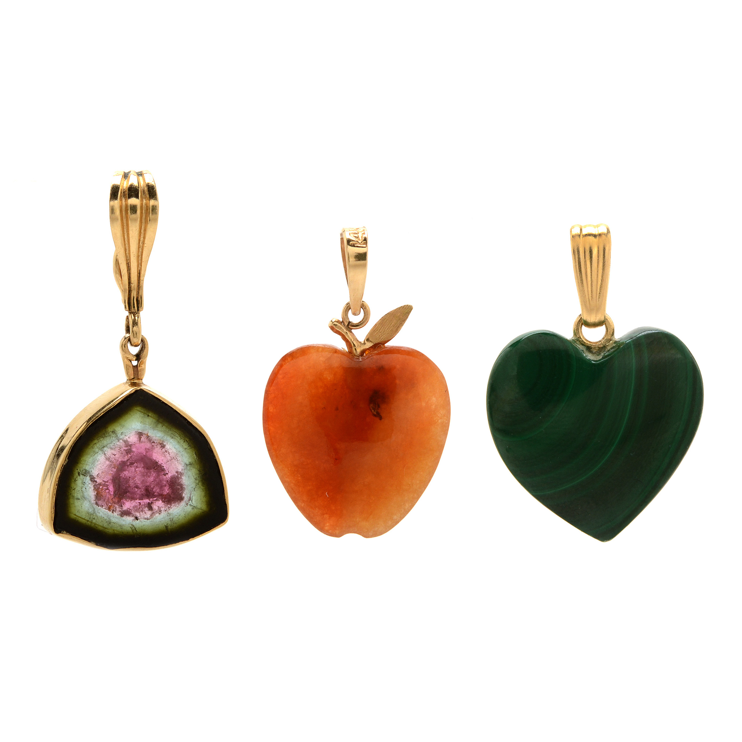 Three 14K Gold Stone Pendants With Watermelon Tourmaline Slice