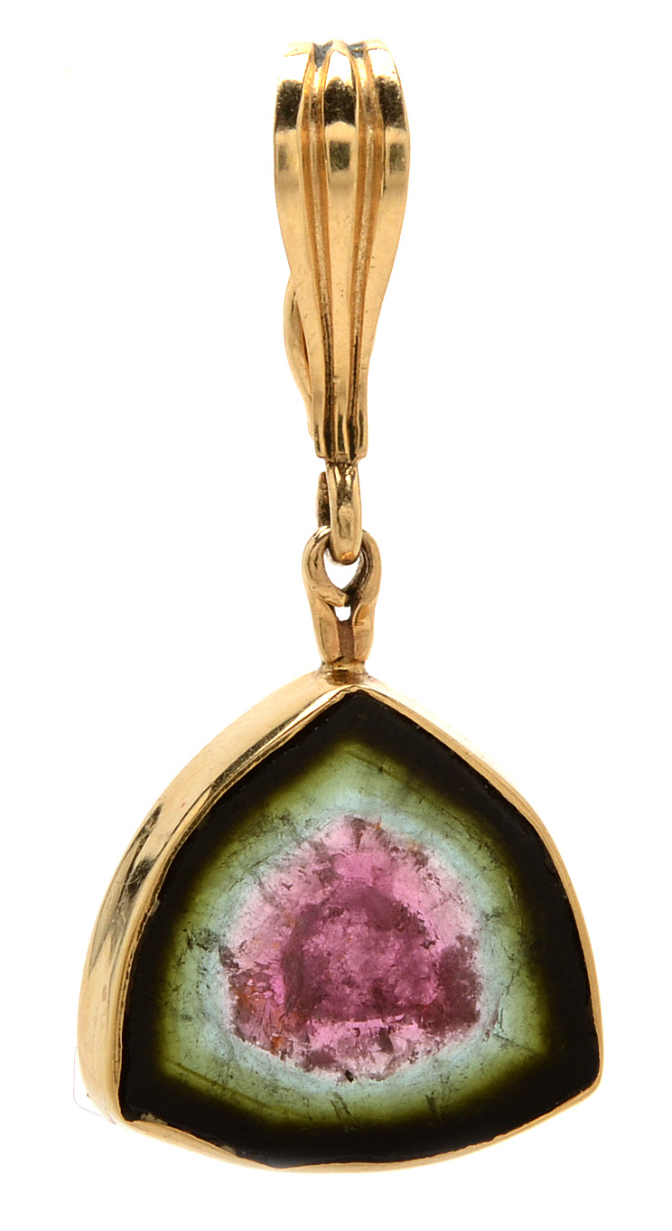 Three 14K Gold Stone Pendants With Watermelon Tourmaline Slice