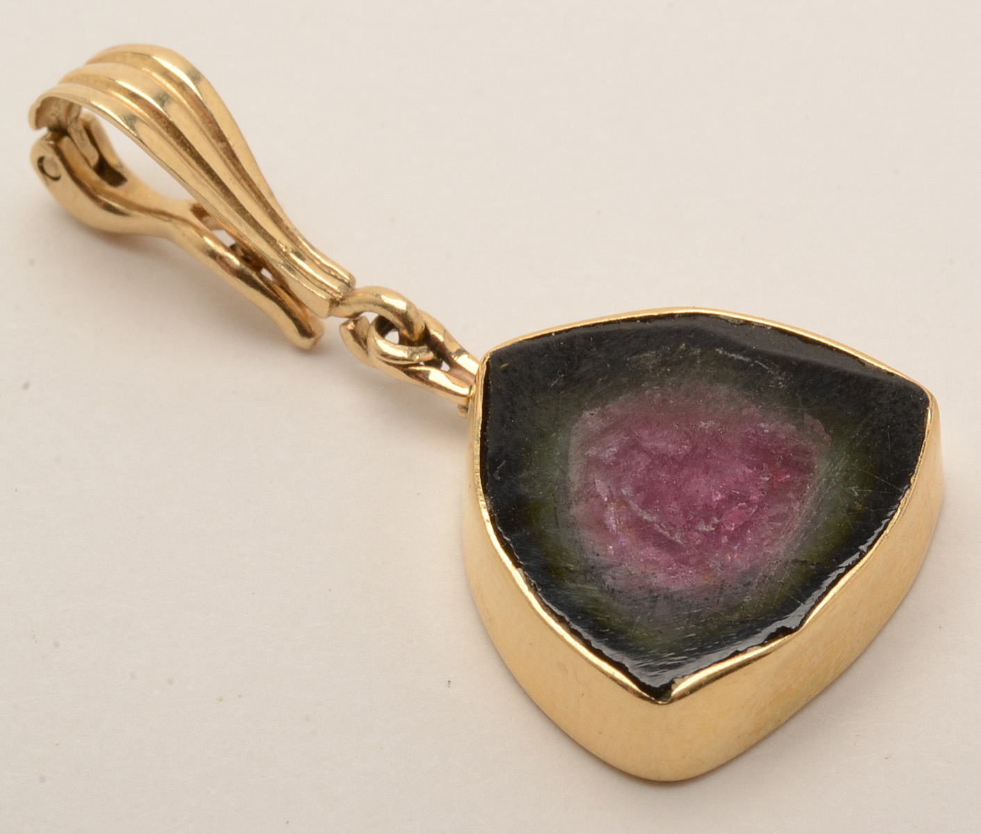 Three 14K Gold Stone Pendants With Watermelon Tourmaline Slice