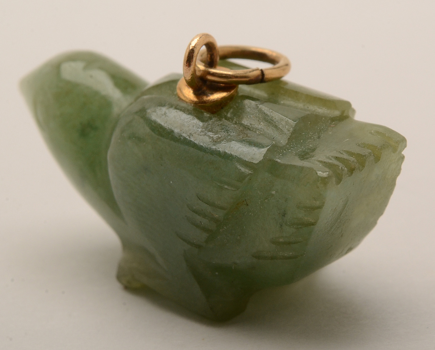 Carved Jadeite Bird Pendant with 10K Yellow Gold Bail