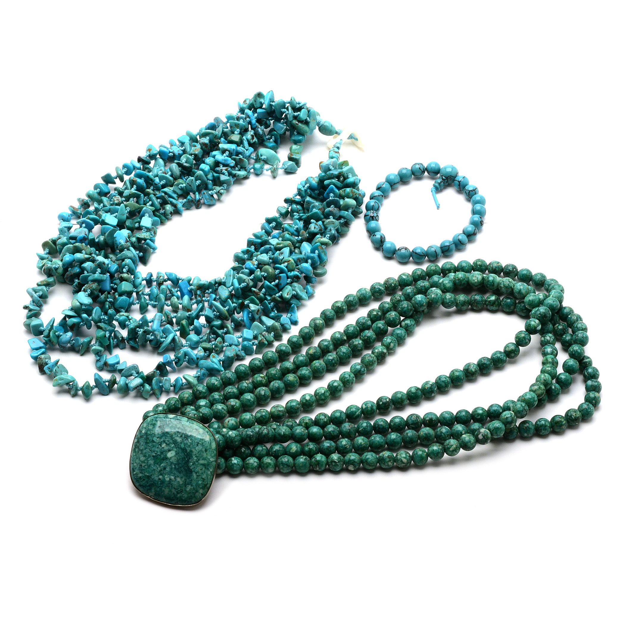 Turquoise Multi-Strand Necklace and Dyed Glass Statement Necklace