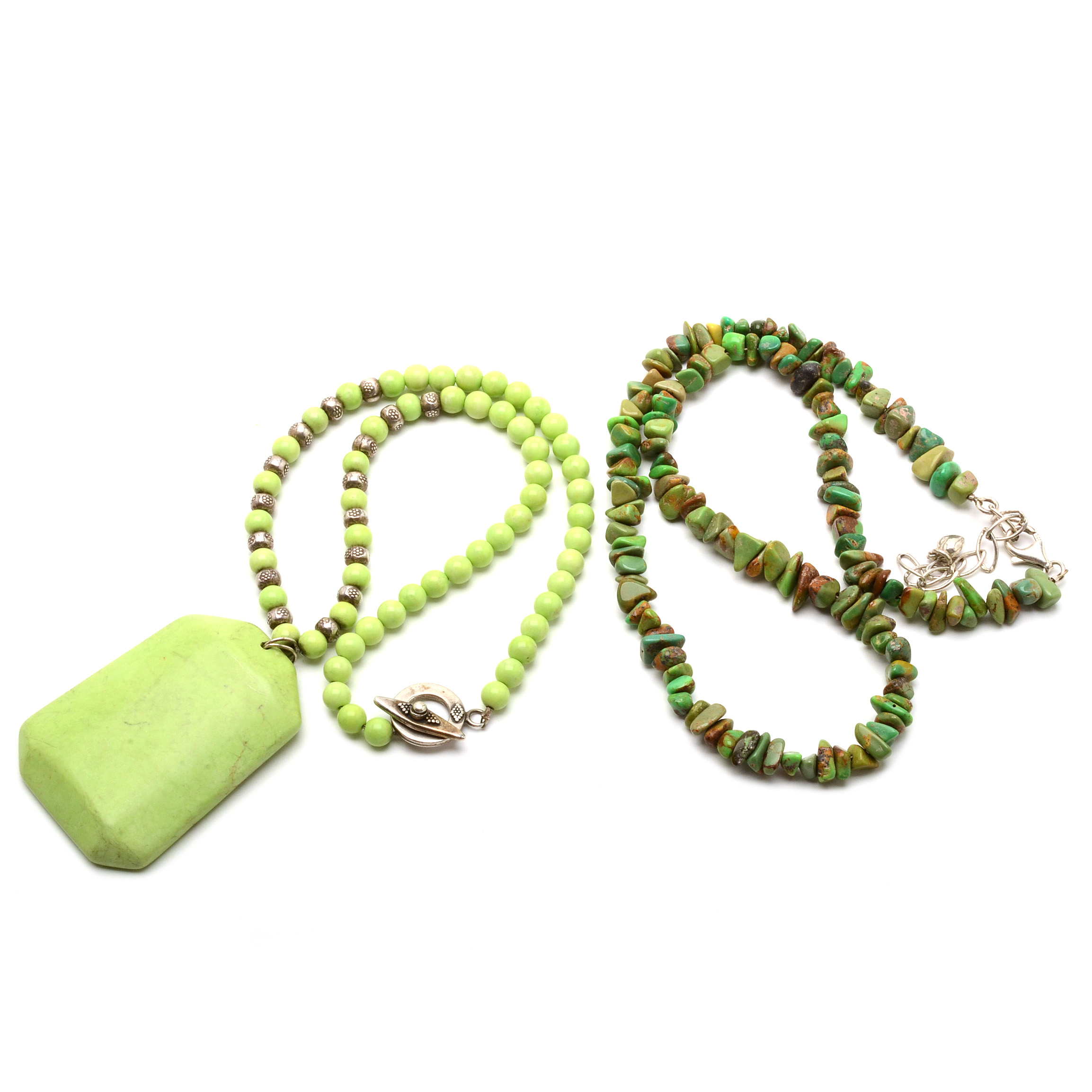 Gaspeite and Dyed Turquoise Bead Necklaces with Sterling Clasps