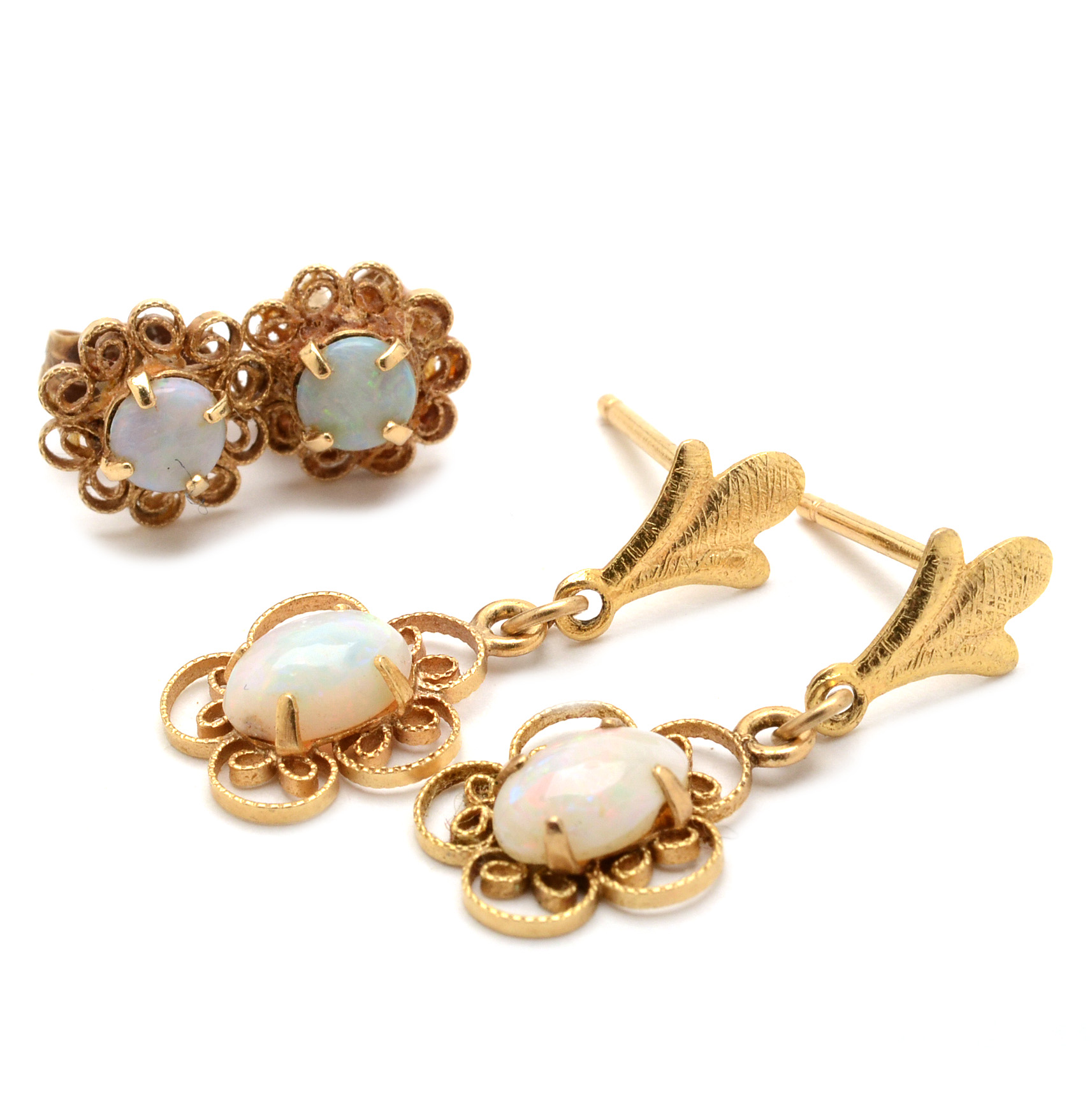 Two Pairs 14K Yellow Gold Opal Post Earrings