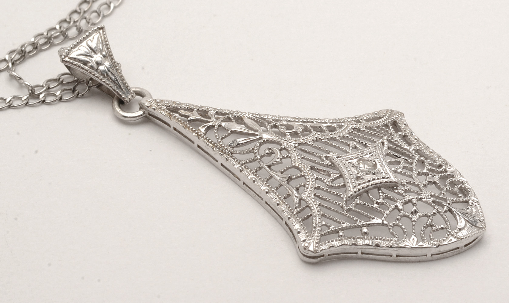 10K White Gold Diamond Lavalier Pendant on Sterling Chain