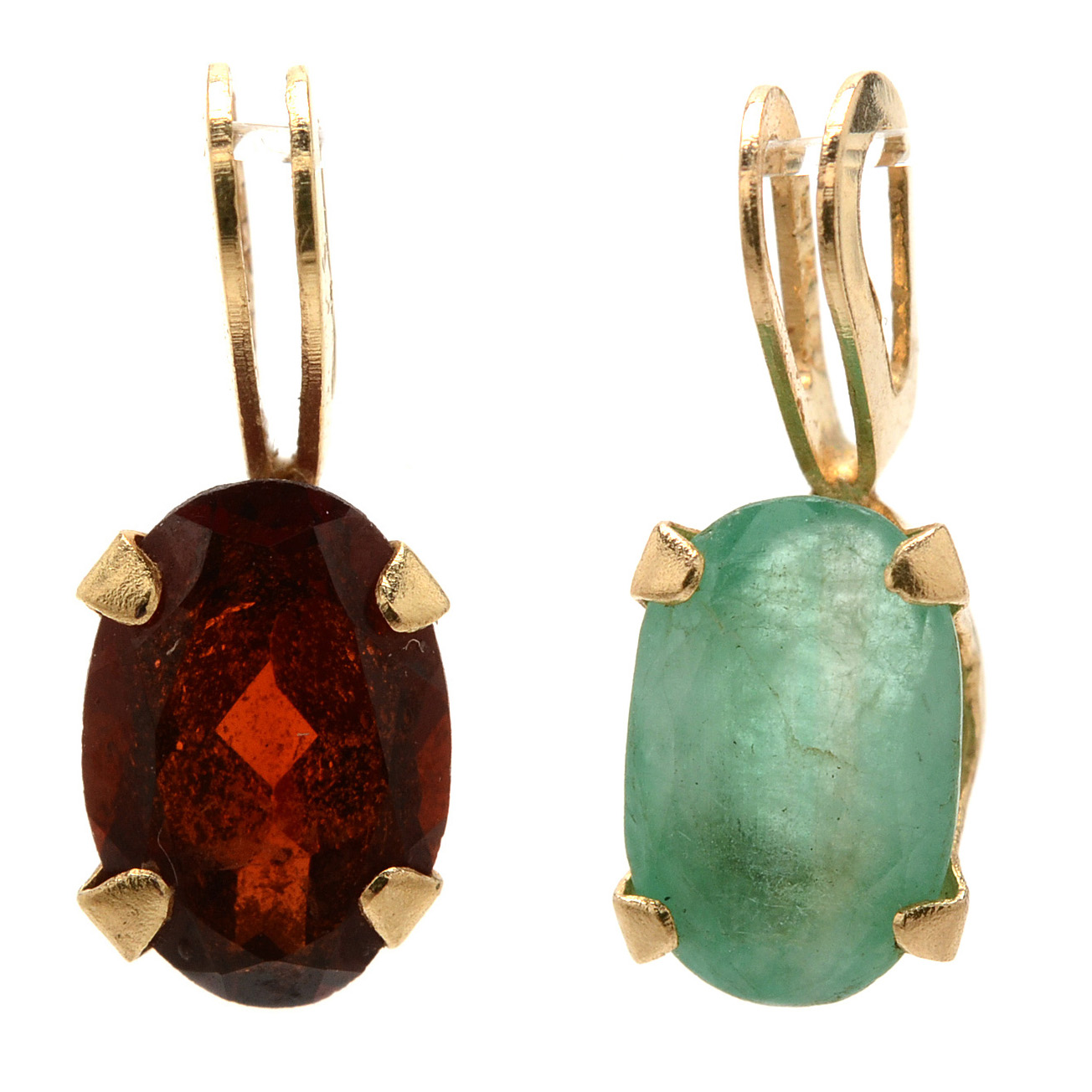 14K Yellow Gold Garnet and Emerald Pendants