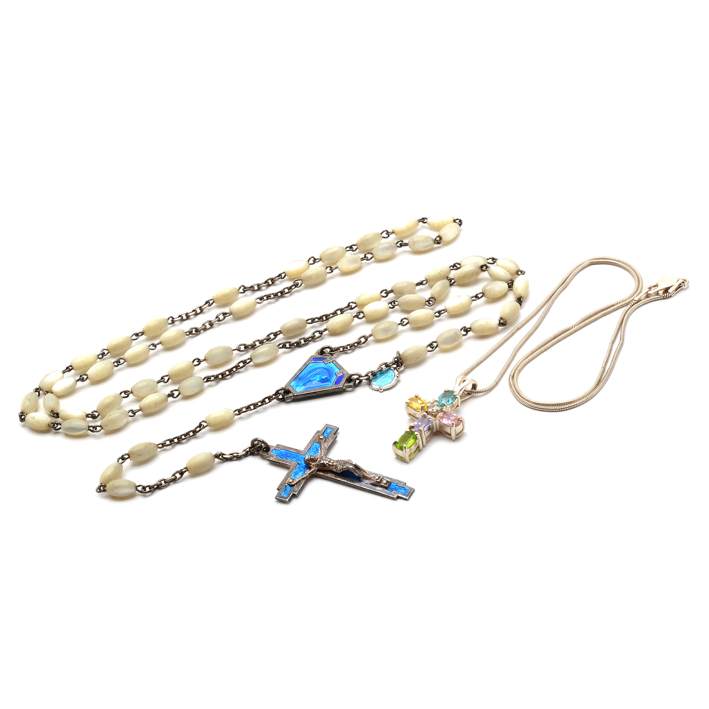 Sterling Cross Necklace, French Enamel Rosary