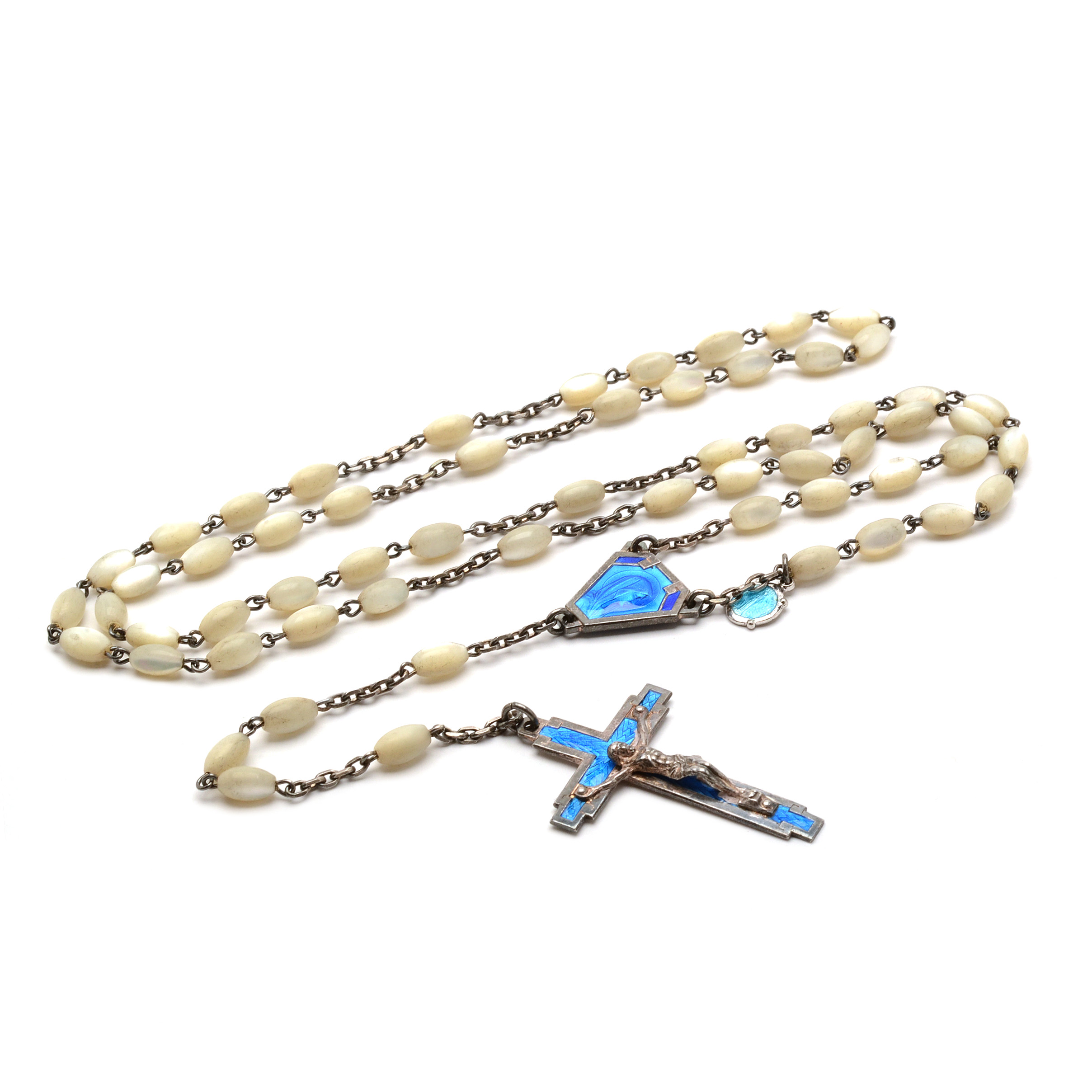 Sterling Cross Necklace, French Enamel Rosary