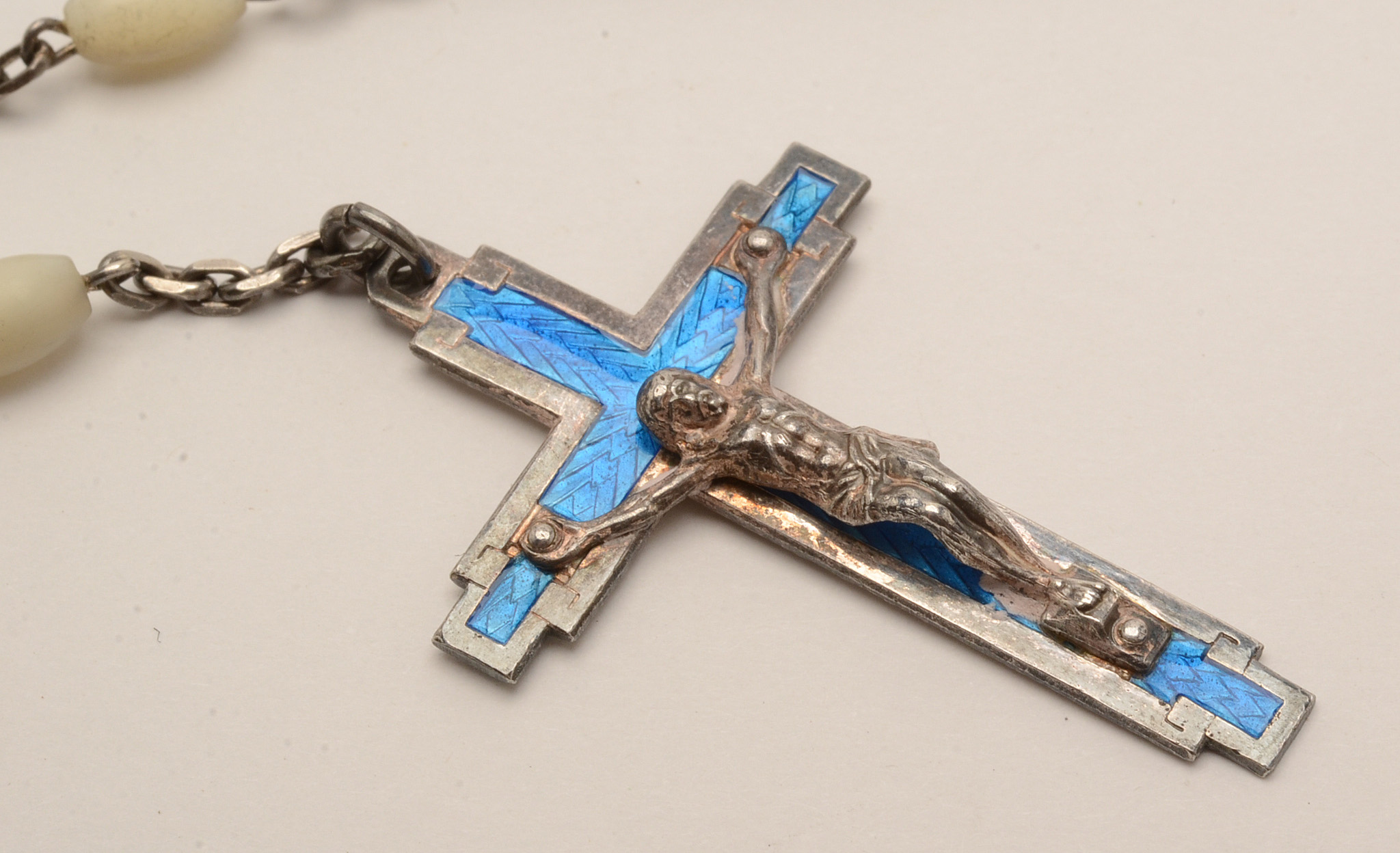 Sterling Cross Necklace, French Enamel Rosary