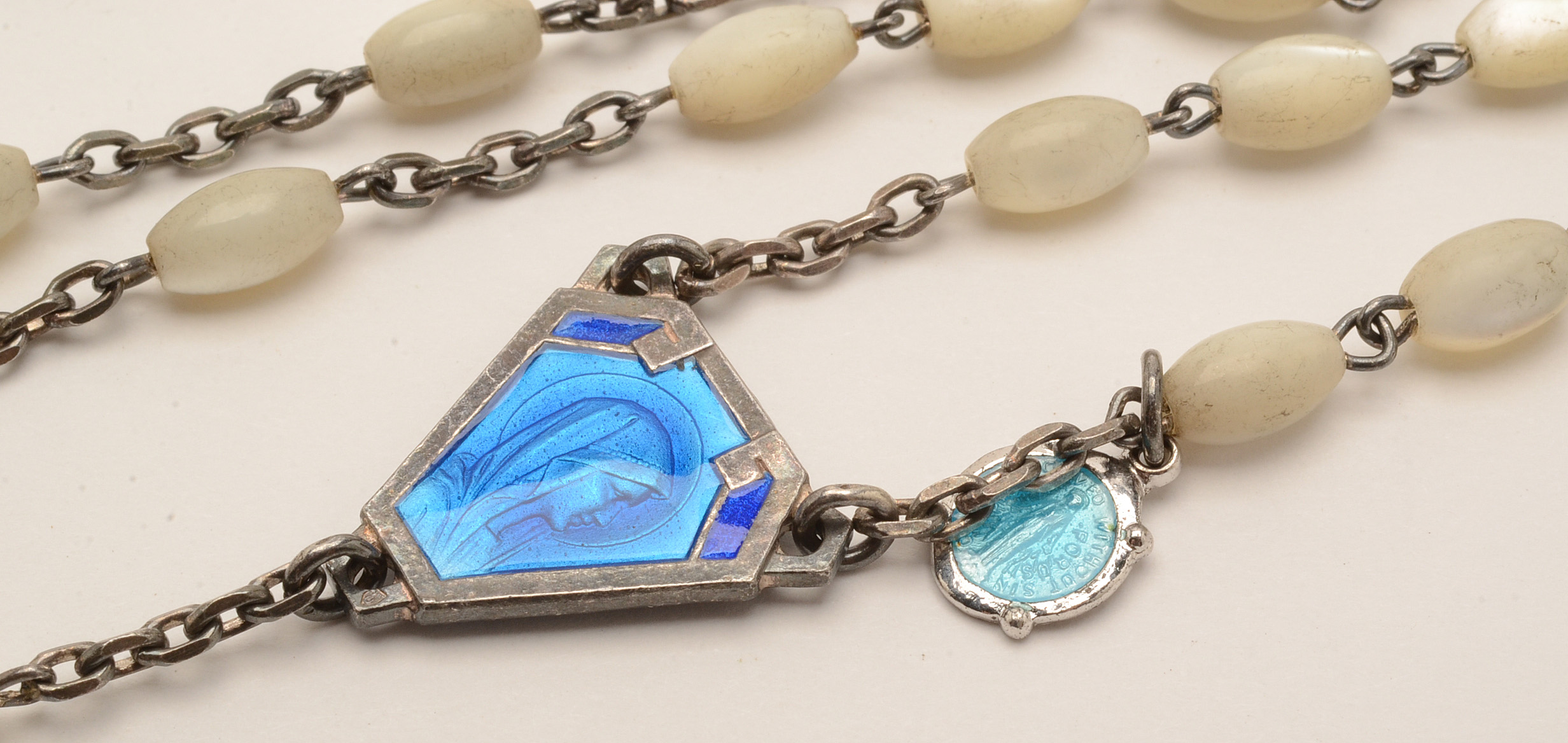 Sterling Cross Necklace, French Enamel Rosary