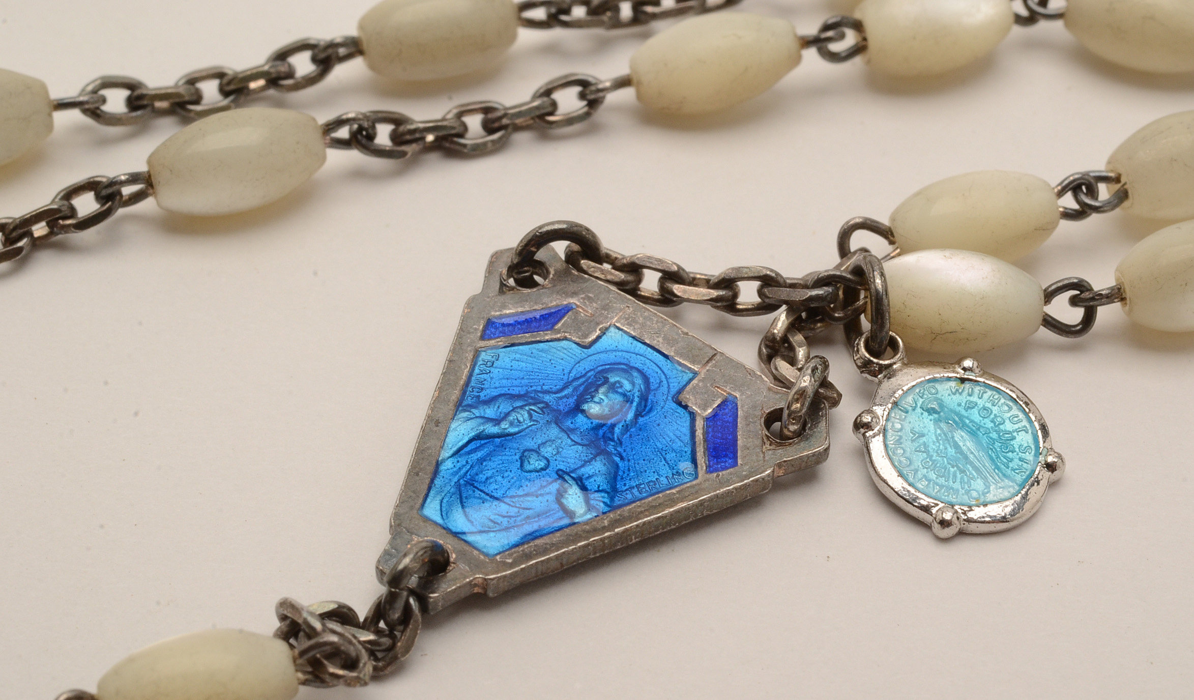 Sterling Cross Necklace, French Enamel Rosary