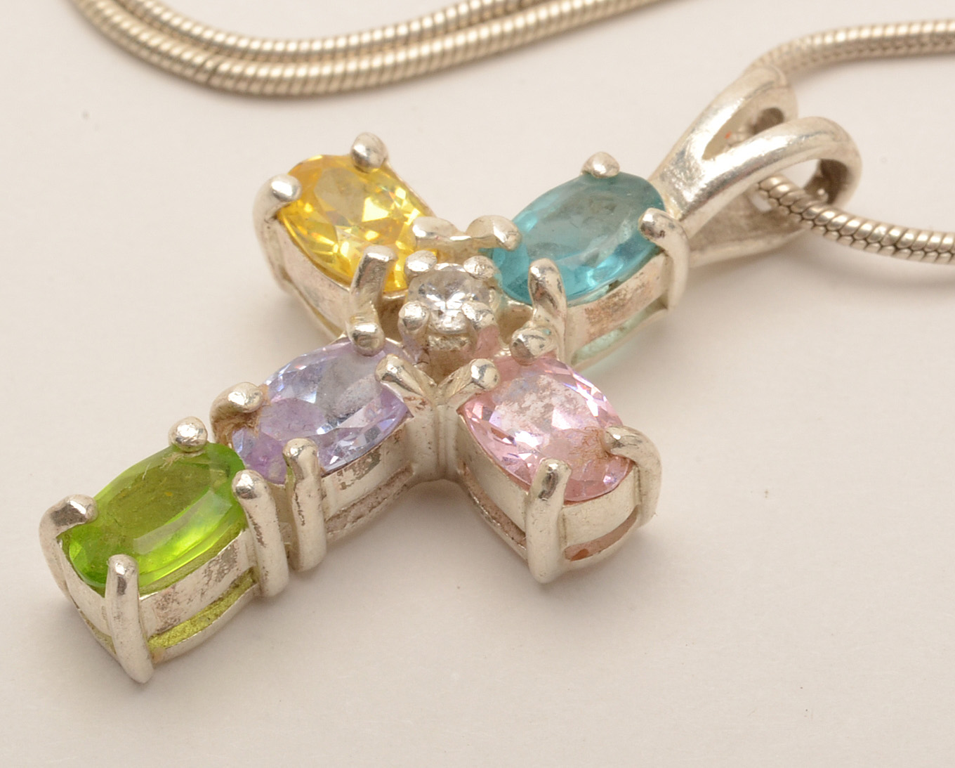 Sterling Cross Necklace, French Enamel Rosary