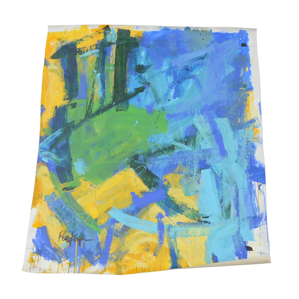 Robbie Kemper Original Abstract Acrylic Painting on Non-Stretched Canvas "Yellow, Blues, Greens"