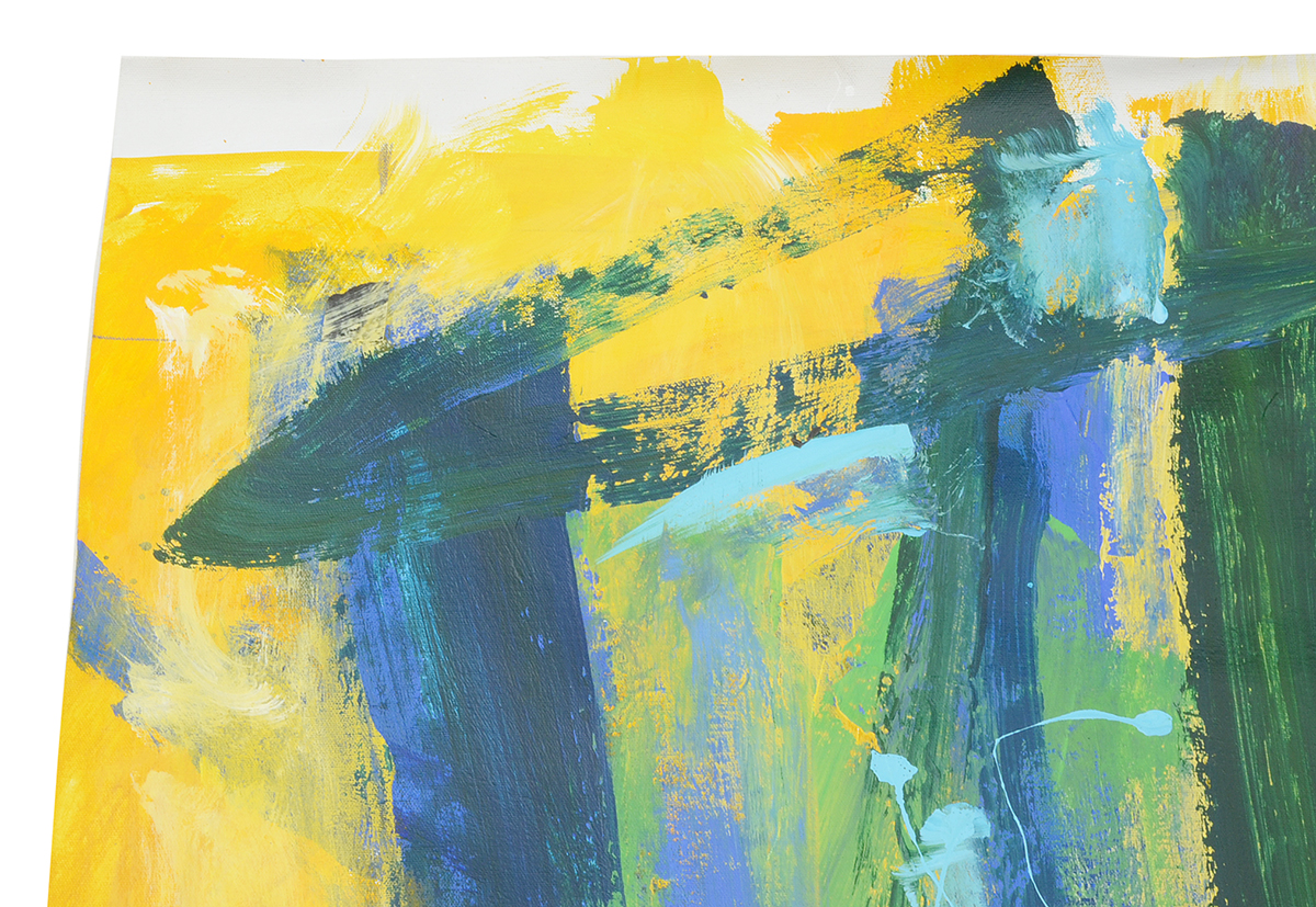 Robbie Kemper Original Abstract Acrylic Painting on Non-Stretched Canvas "Yellow, Blues, Greens"