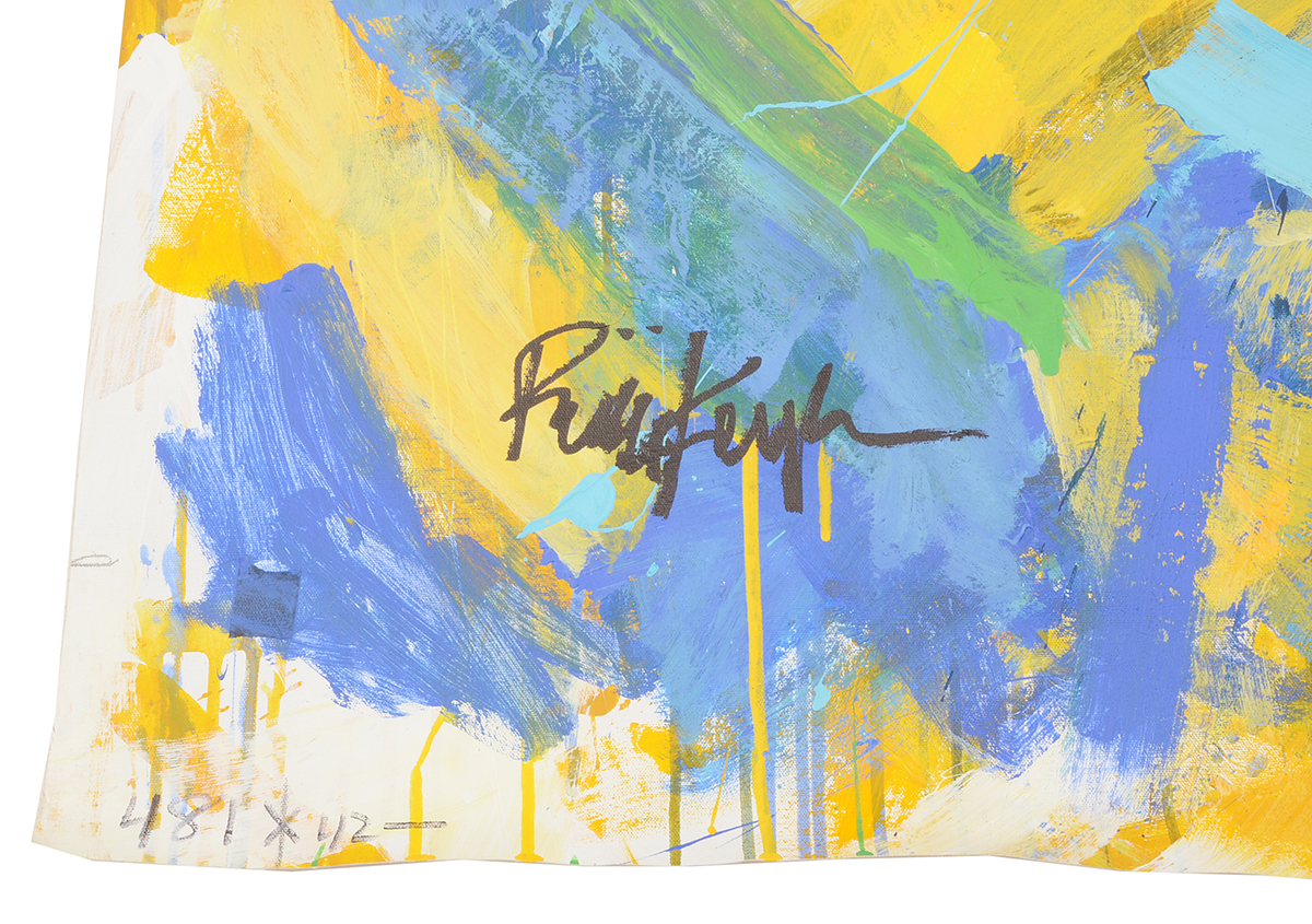 Robbie Kemper Original Abstract Acrylic Painting on Non-Stretched Canvas "Yellow, Blues, Greens"