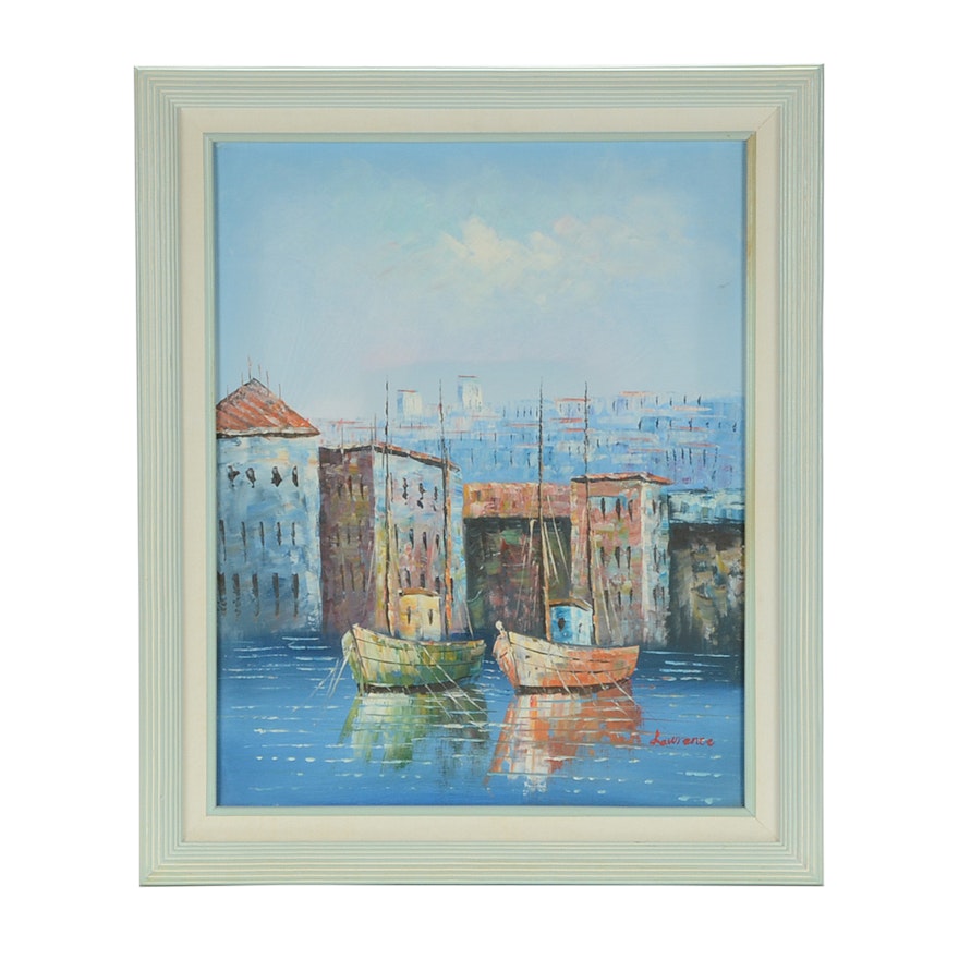 Lawrence Signed Original Acrylic Harbor Scene on Canvas