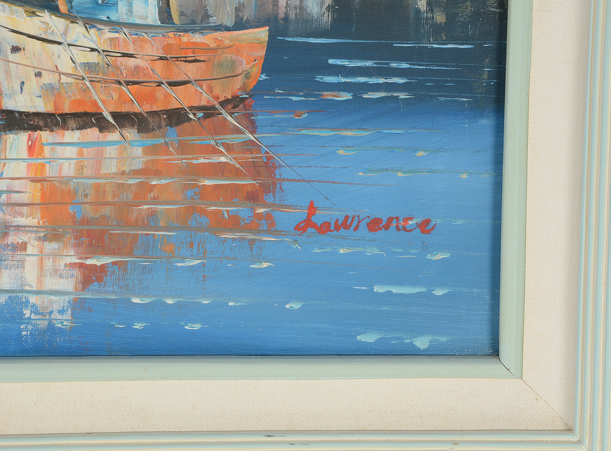 Lawrence Signed Original Acrylic Harbor Scene on Canvas