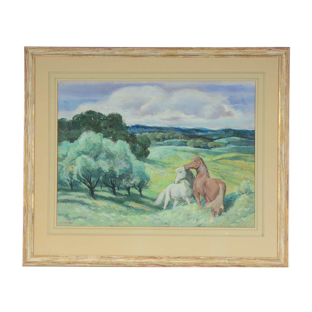 Carl Zimmerman Original Large Watercolor of Horses