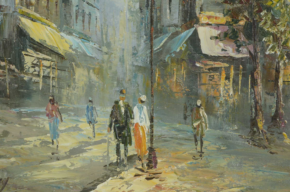 May Signed Oil Street Scene on Canvas Board