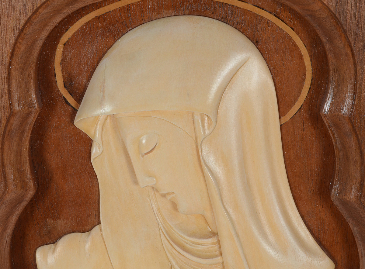 Hand-Carved Wood Marquetry Religious Icon Panel