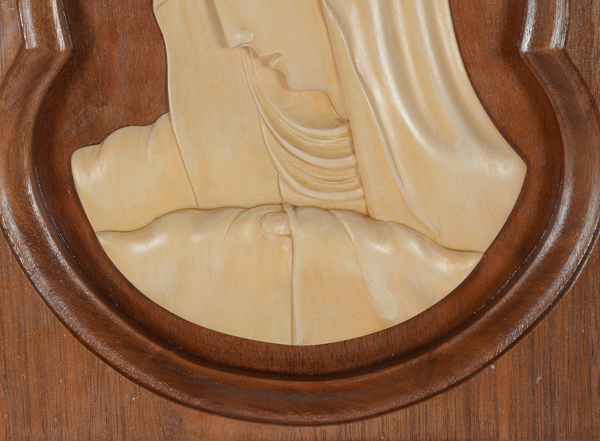 Hand-Carved Wood Marquetry Religious Icon Panel