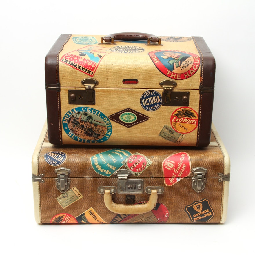 Pair of Vintage Suitcases with Travel Stickers including Lincoln Luggage