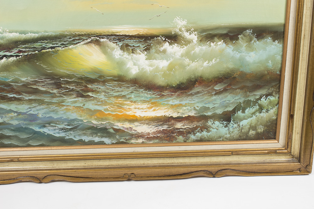 H. Gailey Mid-Century Oil Painting on Canvas of Morning Seascape