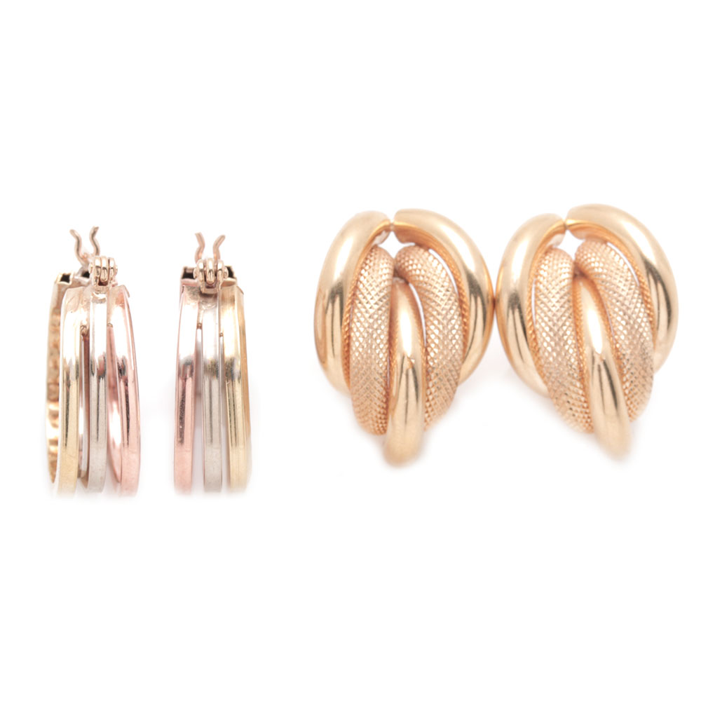 Two Pairs of 14K Yellow Gold and 14K Tri-Gold Hoop Earrings
