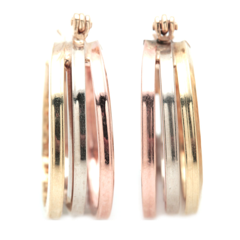 Two Pairs of 14K Yellow Gold and 14K Tri-Gold Hoop Earrings